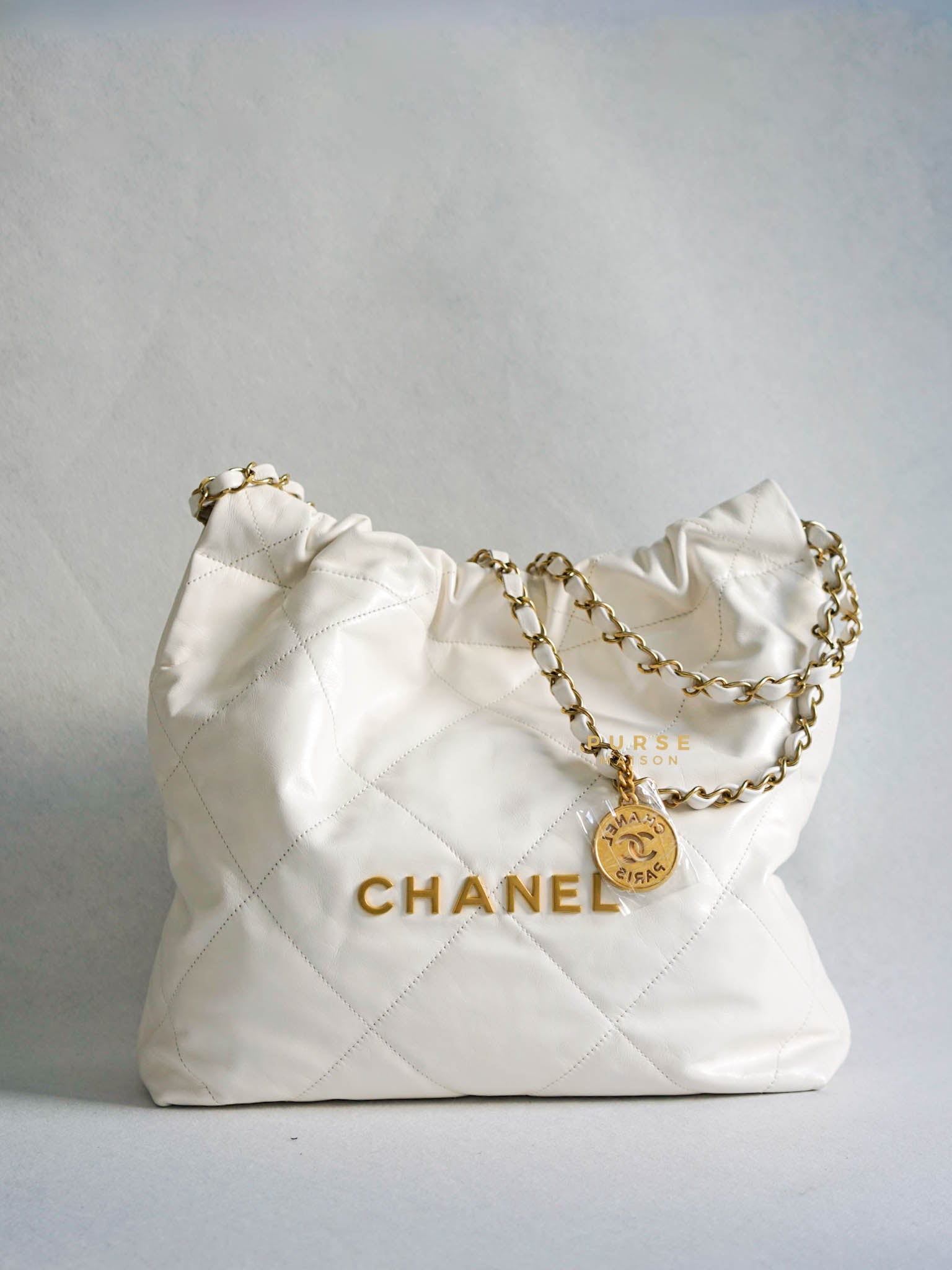 Chanel 22 Small White Calfskin and Aged Gold Hardware (Microchip) | Purse Maison Luxury Bags Shop