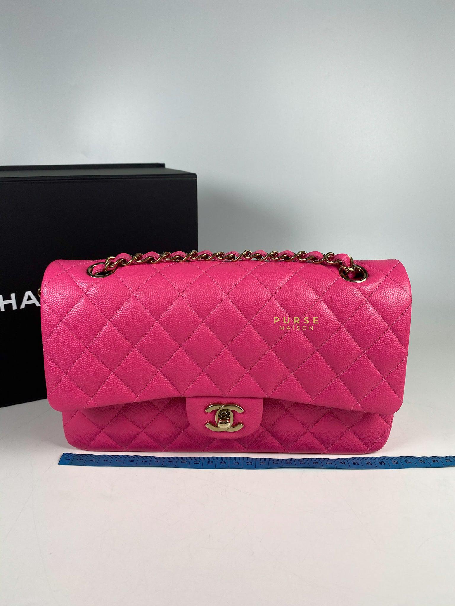 Chanel 22P Hot Pink Classic Double Flap Medium Caviar Light Gold hardware (Microchip)
