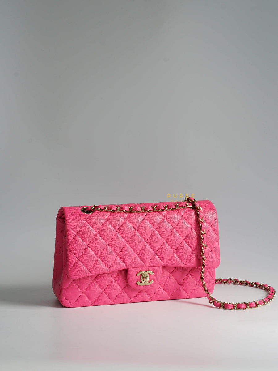 Chanel 22P Hot Pink Classic Double Flap Medium Caviar Light Gold