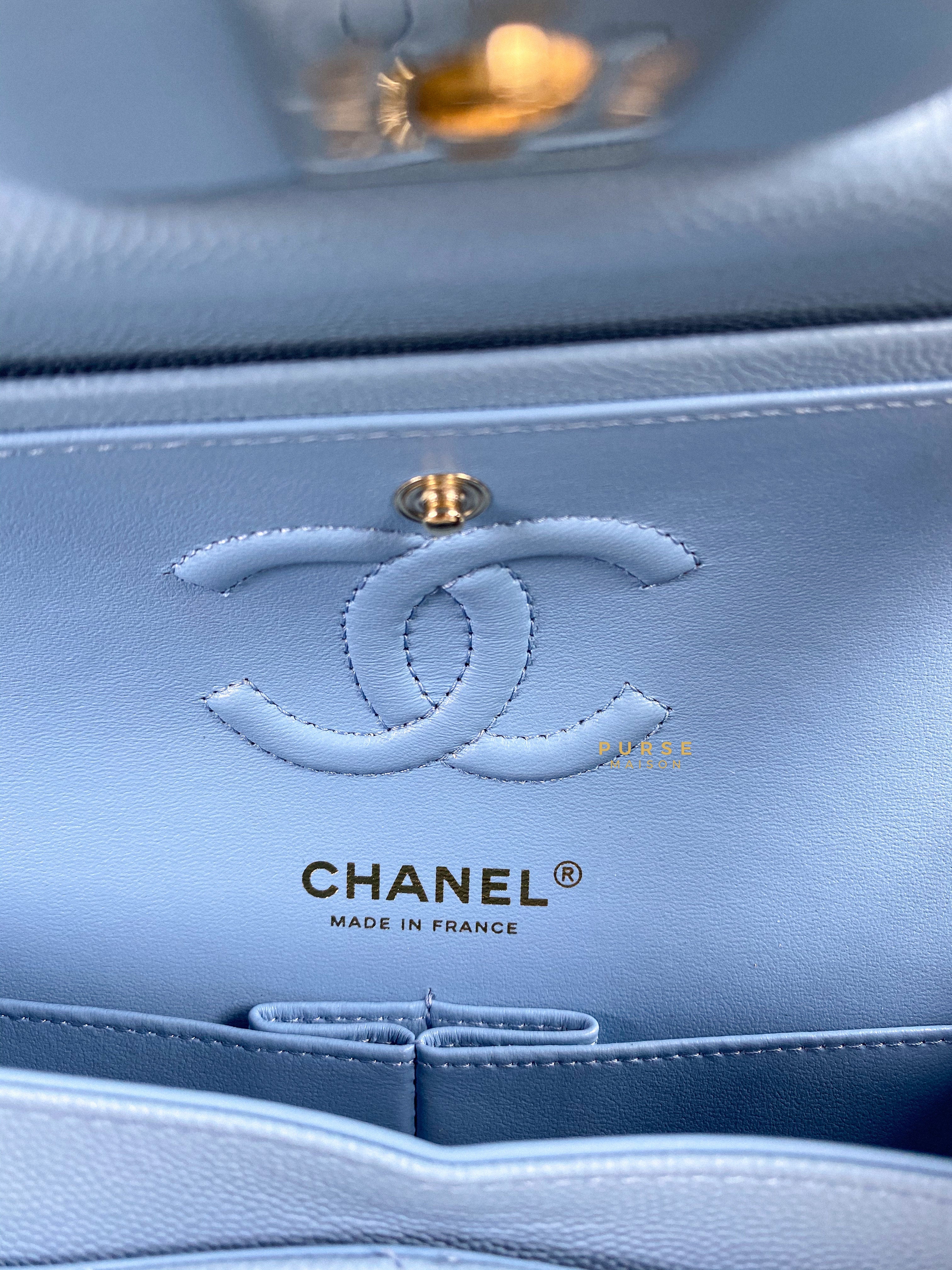 Chanel 22s Baby Blue Classic Double Flap Small Caviar Light Gold hardware (Microchip) | Purse Maison Luxury Bags Shop