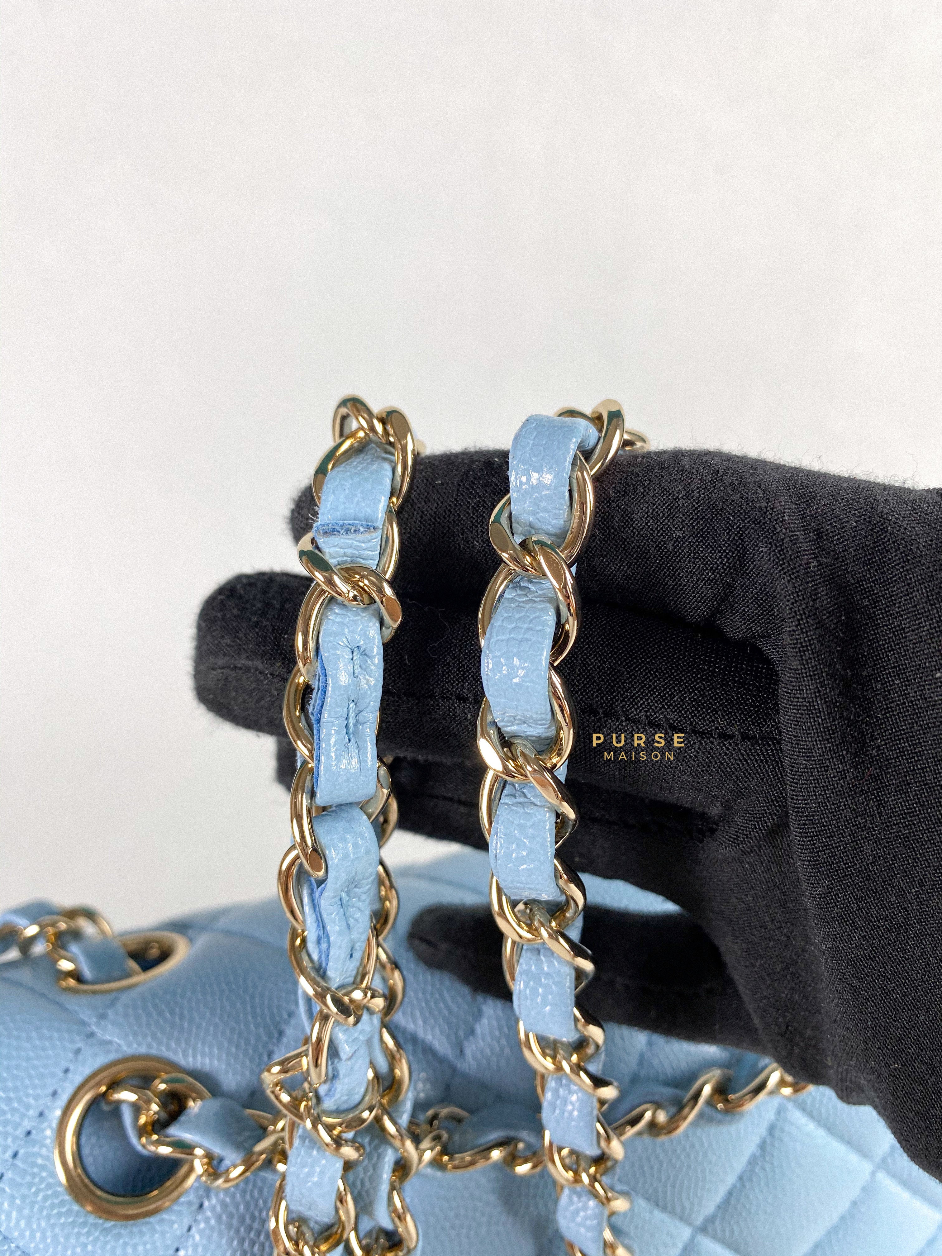 Chanel 22s Baby Blue Classic Double Flap Small Caviar Light Gold hardware (Microchip) | Purse Maison Luxury Bags Shop