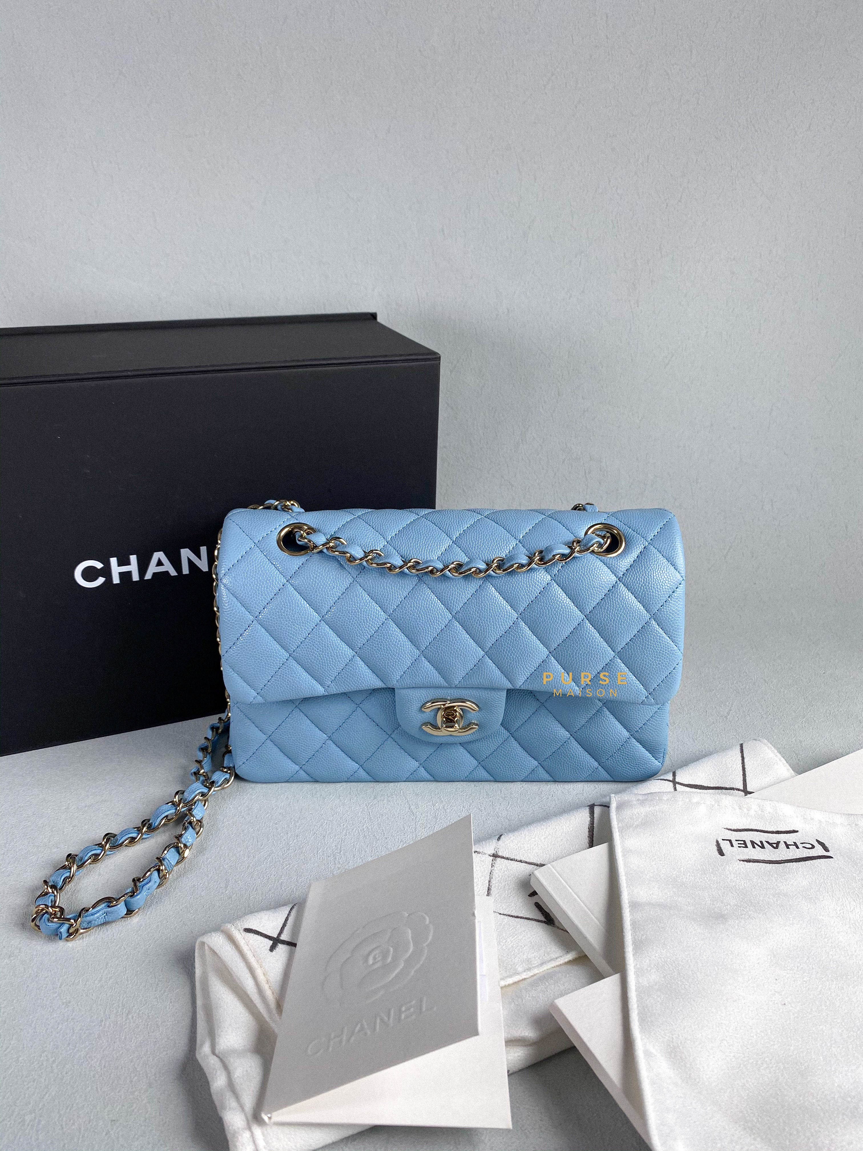 Chanel 22s Baby Blue Classic Double Flap Small Caviar Light Gold hardware (Microchip) | Purse Maison Luxury Bags Shop