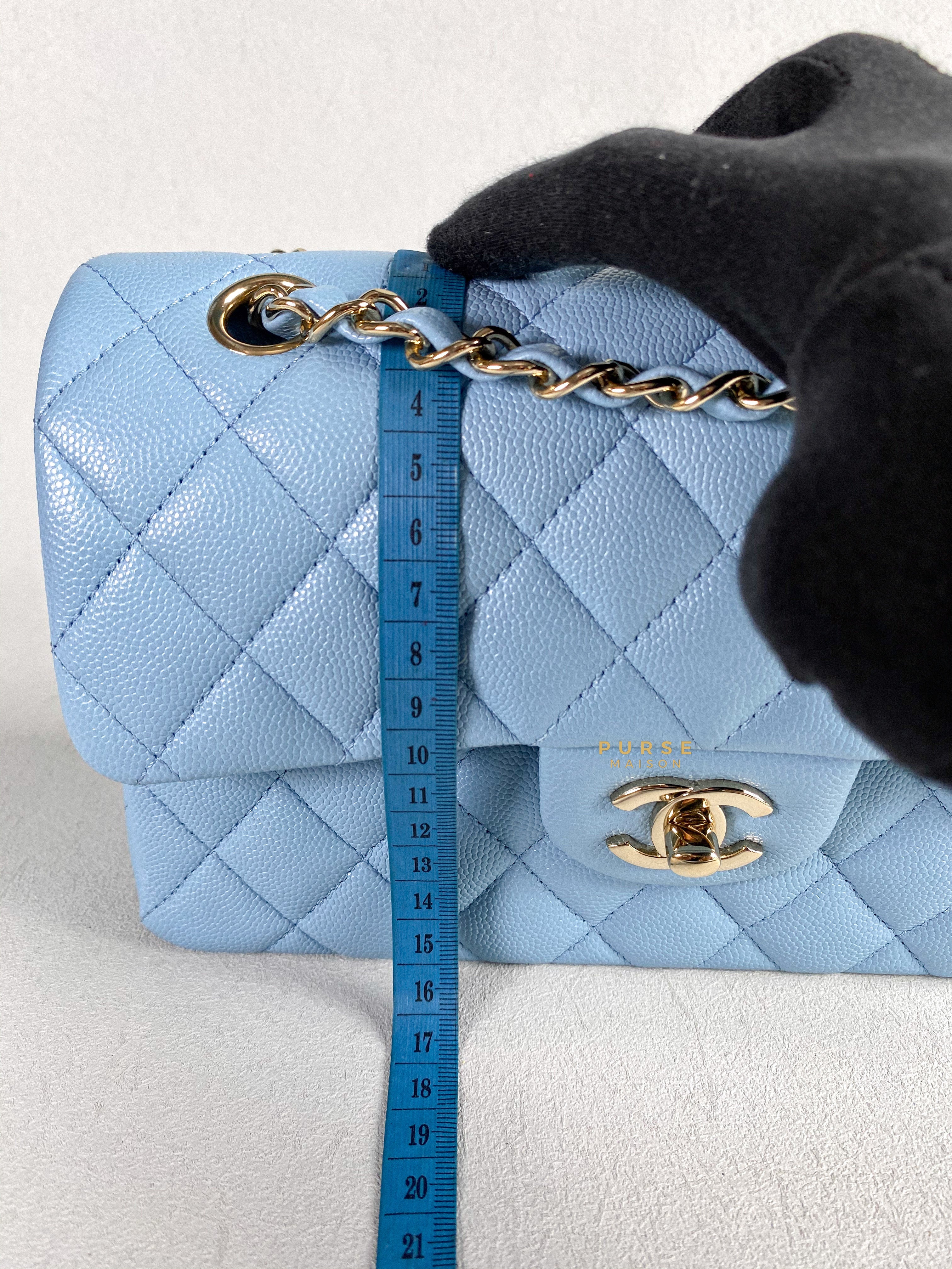 Chanel 22s Baby Blue Classic Double Flap Small Caviar Light Gold hardware (Microchip) | Purse Maison Luxury Bags Shop