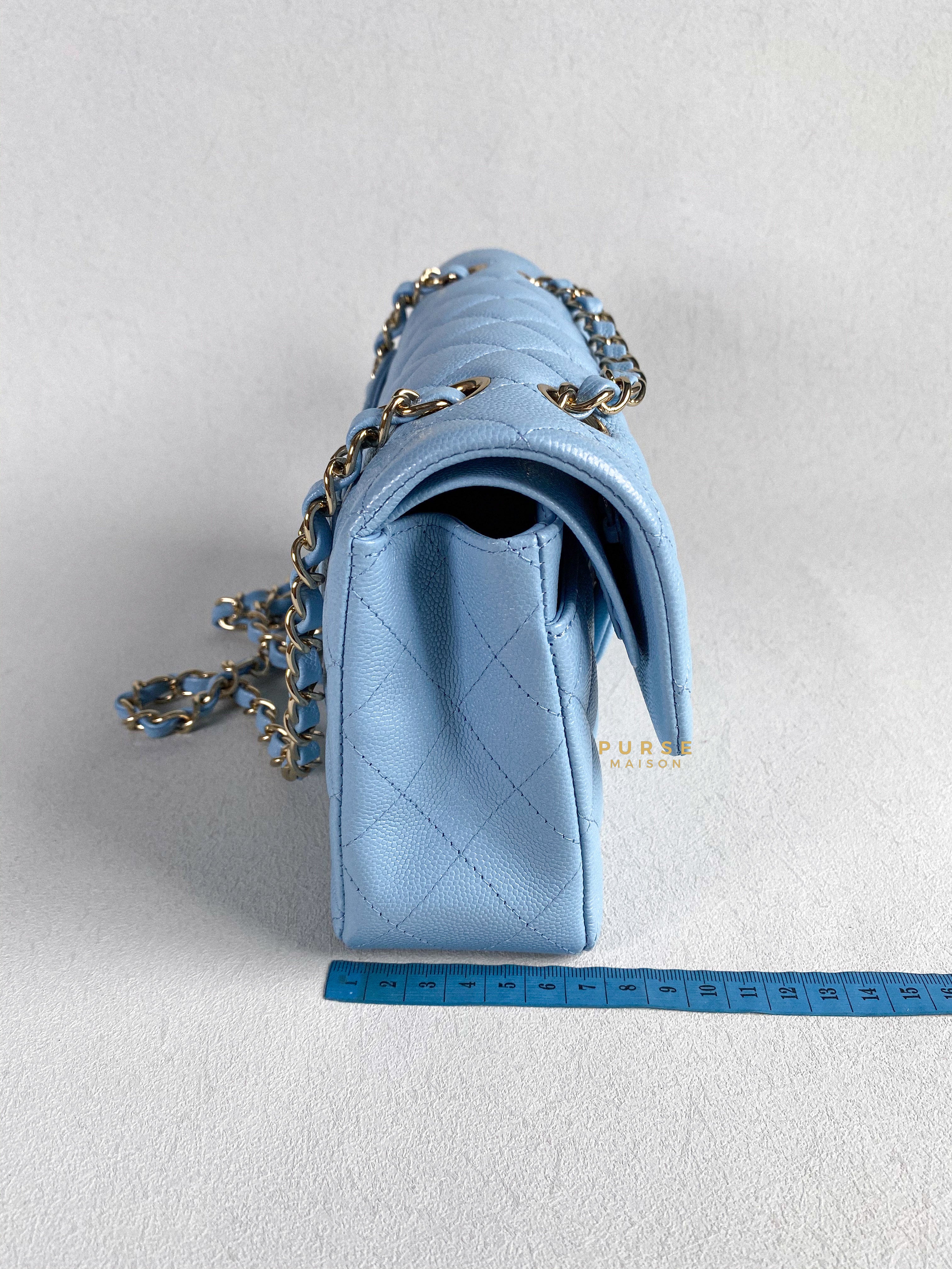 Chanel 22s Baby Blue Classic Double Flap Small Caviar Light Gold hardware (Microchip) | Purse Maison Luxury Bags Shop