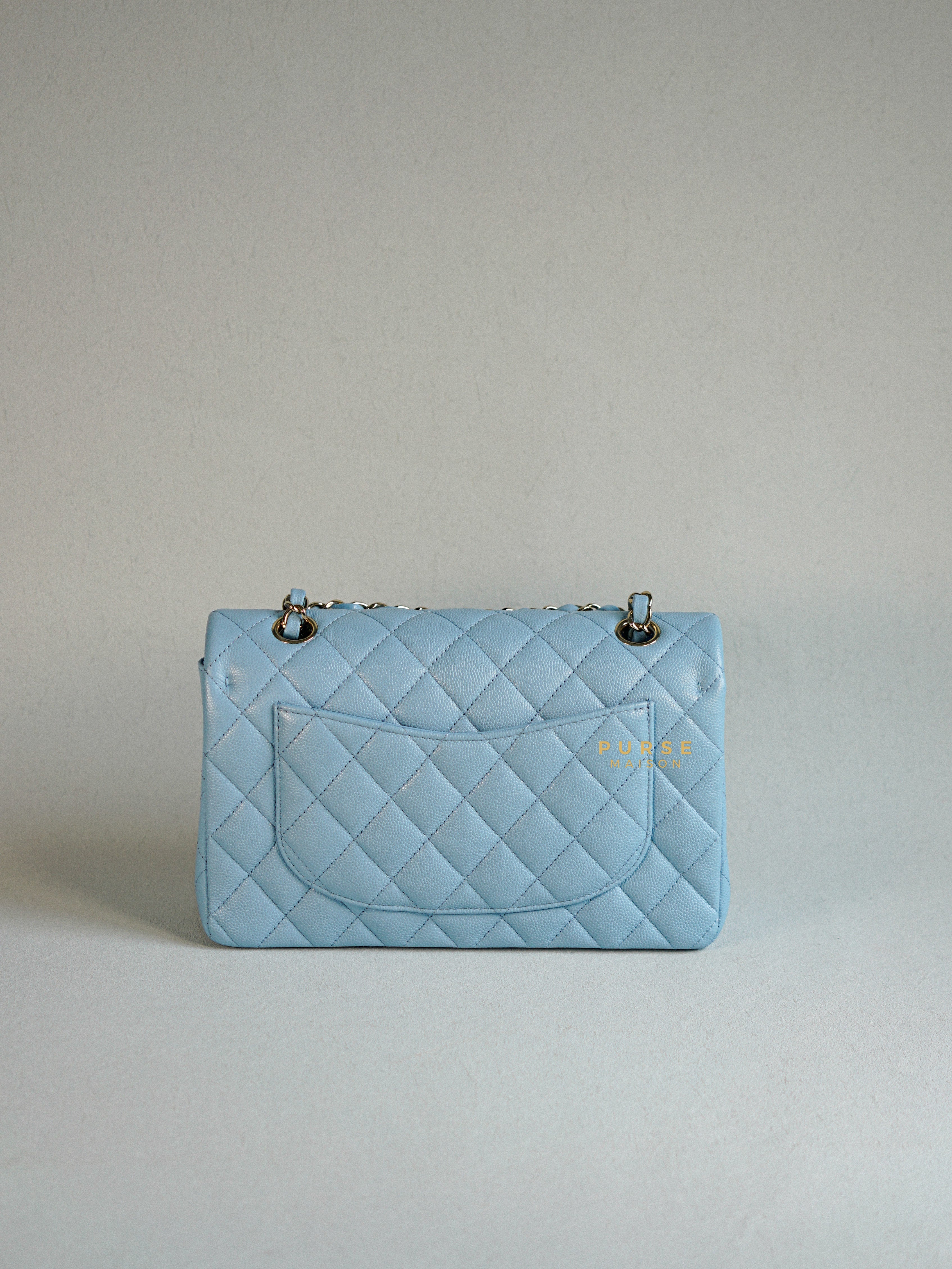 Chanel 22s Baby Blue Classic Double Flap Small Caviar Light Gold hardware (Microchip) | Purse Maison Luxury Bags Shop