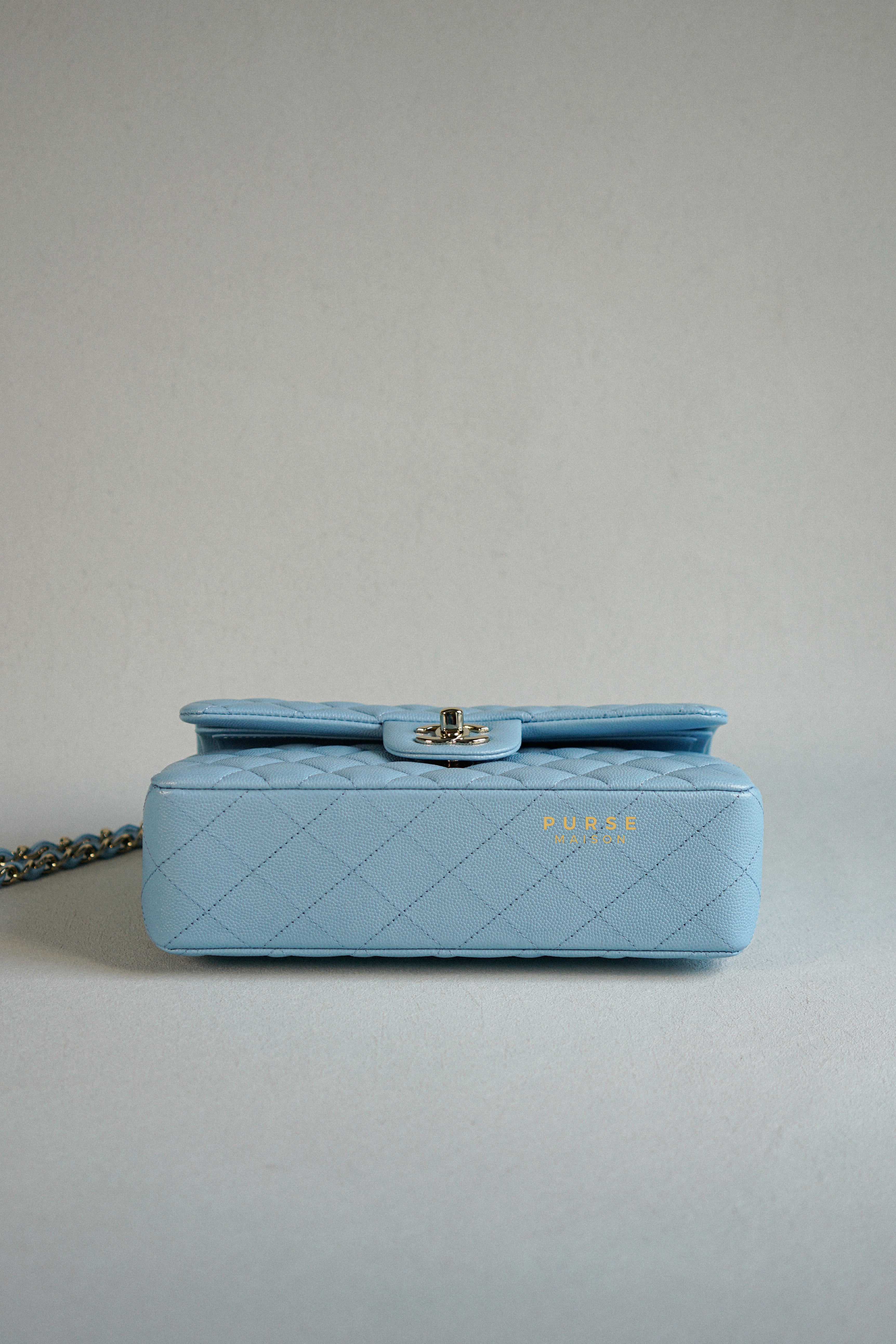 Chanel 22s Baby Blue Classic Double Flap Small Caviar Light Gold hardware (Microchip) | Purse Maison Luxury Bags Shop