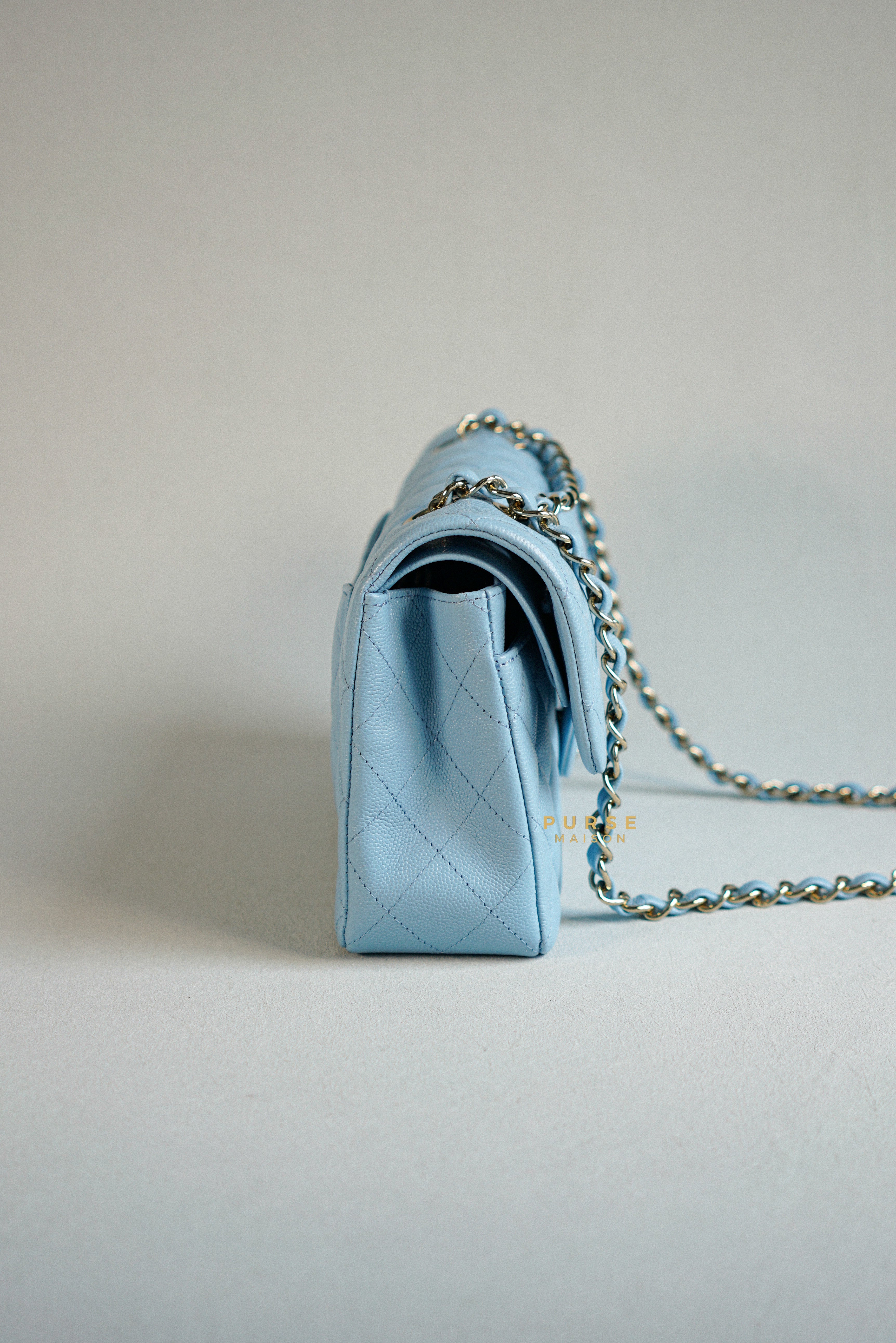 Chanel 22s Baby Blue Classic Double Flap Small Caviar Light Gold hardware (Microchip) | Purse Maison Luxury Bags Shop