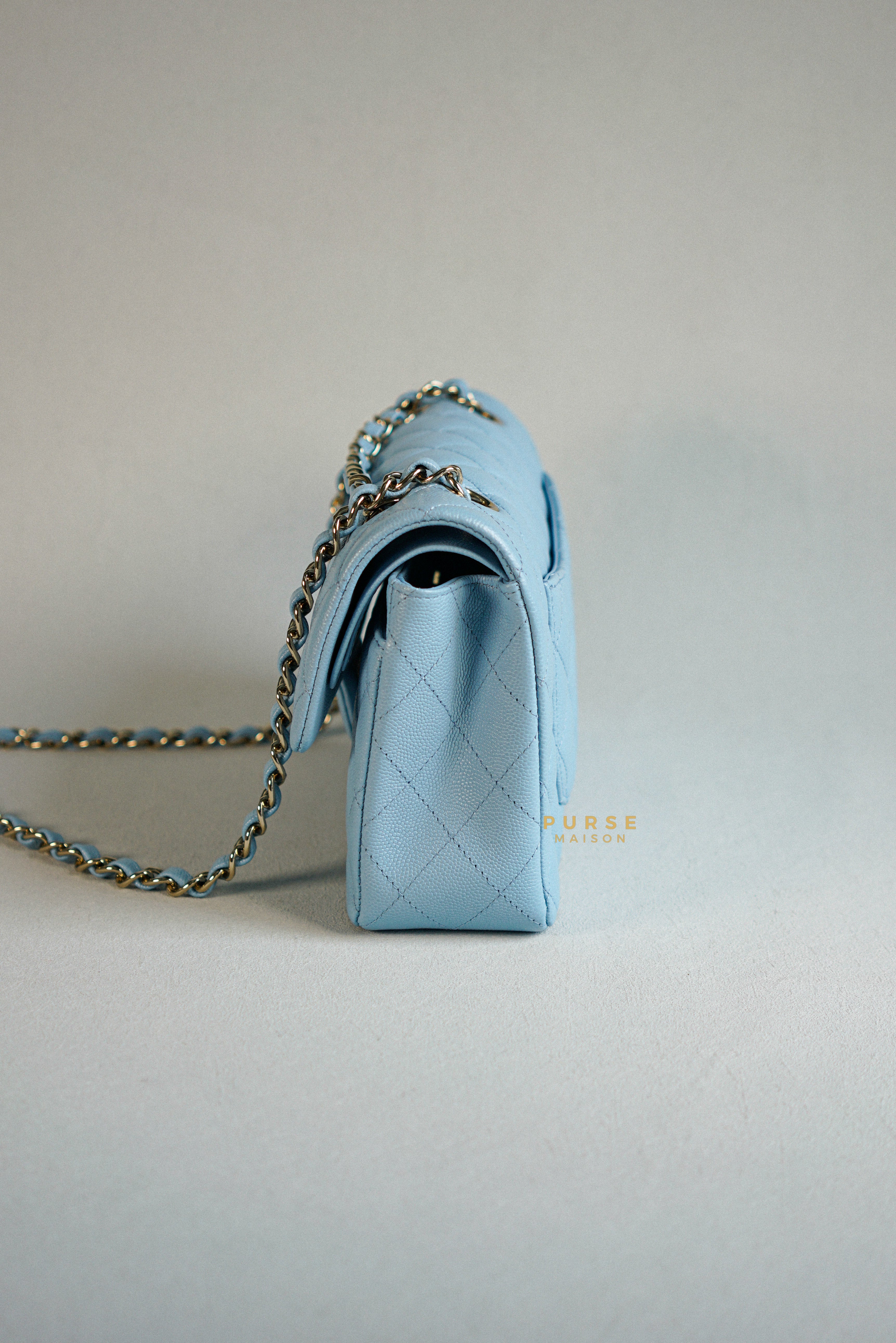 Chanel 22s Baby Blue Classic Double Flap Small Caviar Light Gold hardware (Microchip) | Purse Maison Luxury Bags Shop