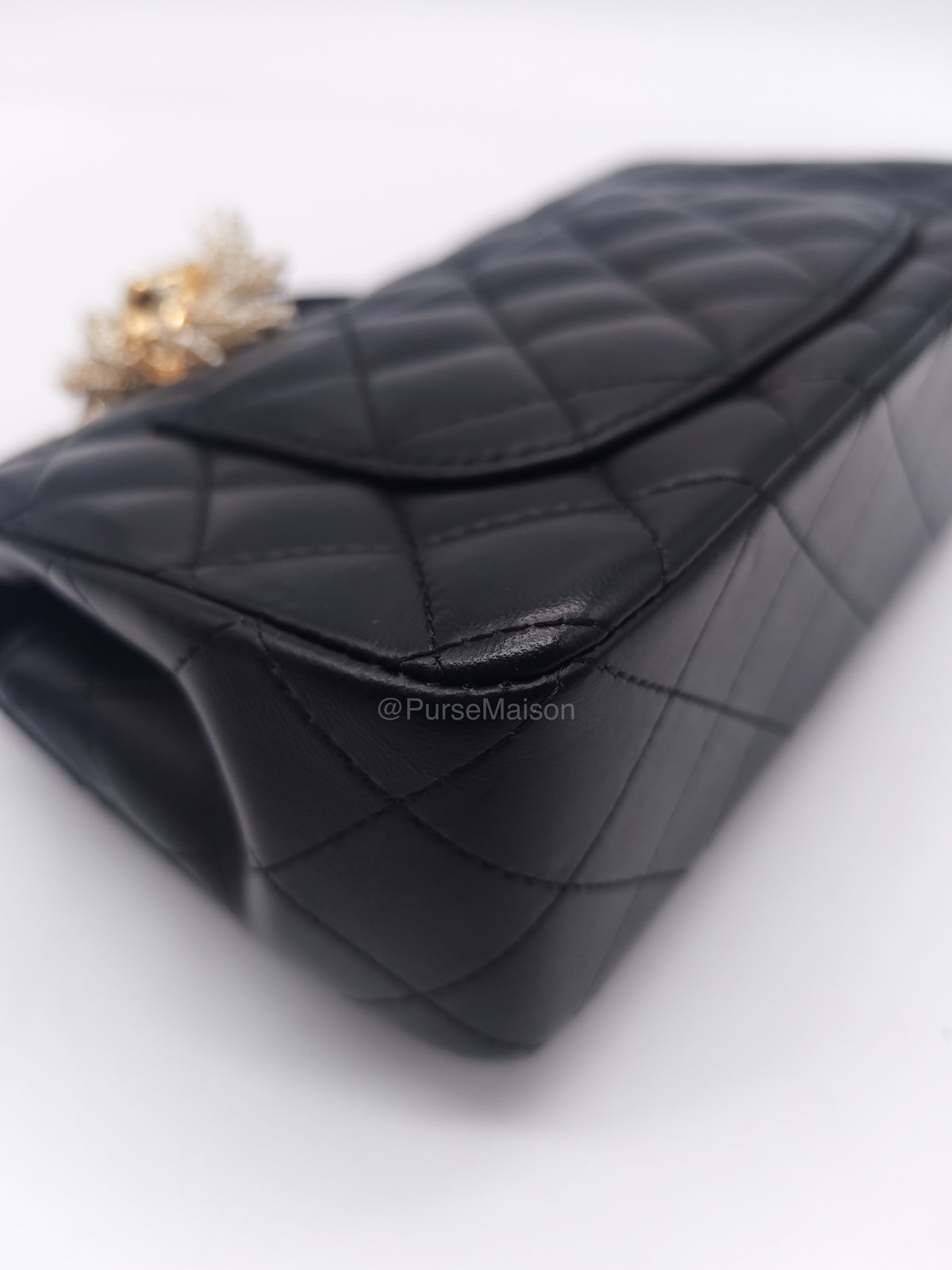 Chanel 23A Classic Mini Top Handle with Lion Charm in Black Lambskin Leather Light Gold Hardware (Microchip) | Purse Maison Luxury Bags Shop