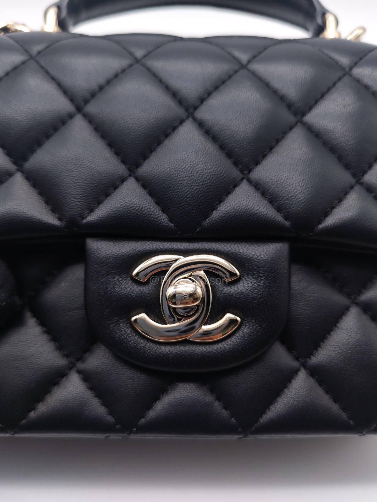 Chanel 23A Classic Mini Top Handle with Lion Charm in Black Lambskin Leather Light Gold Hardware (Microchip) | Purse Maison Luxury Bags Shop