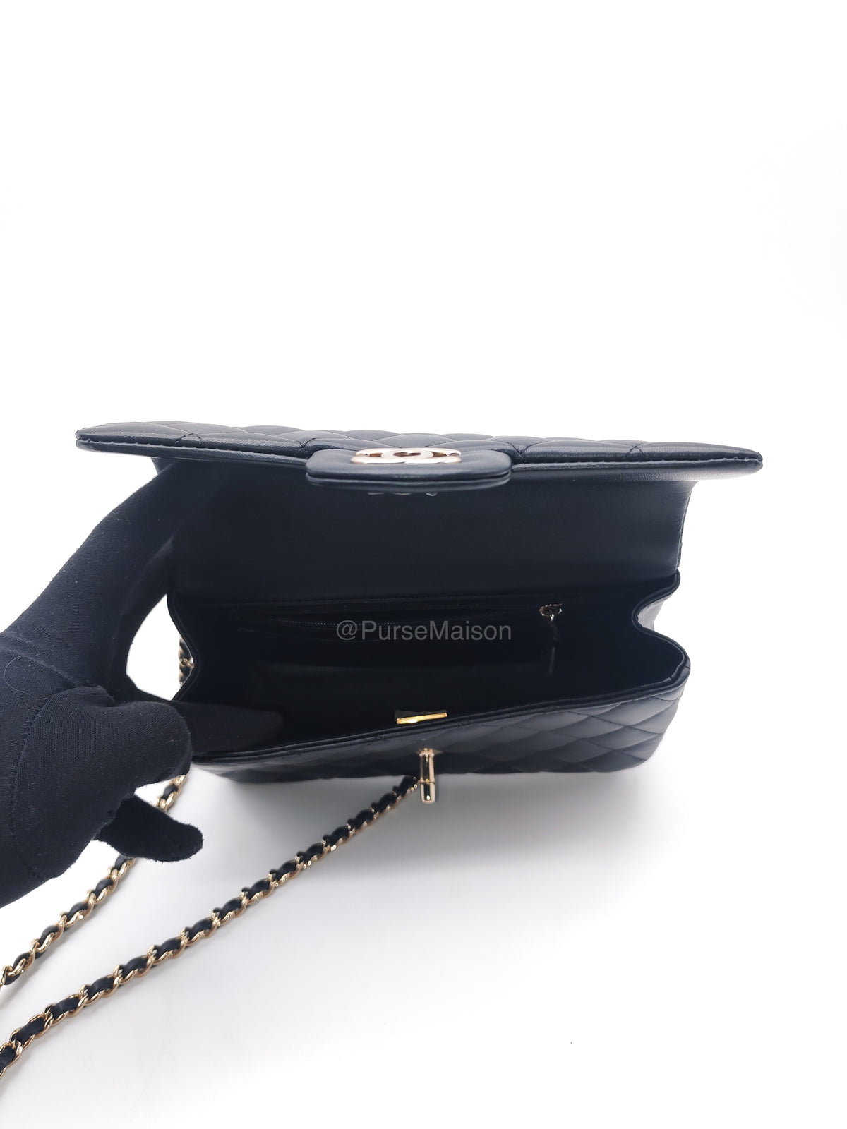 Chanel 23A Classic Mini Top Handle with Lion Charm in Black Lambskin Leather Light Gold Hardware (Microchip) | Purse Maison Luxury Bags Shop