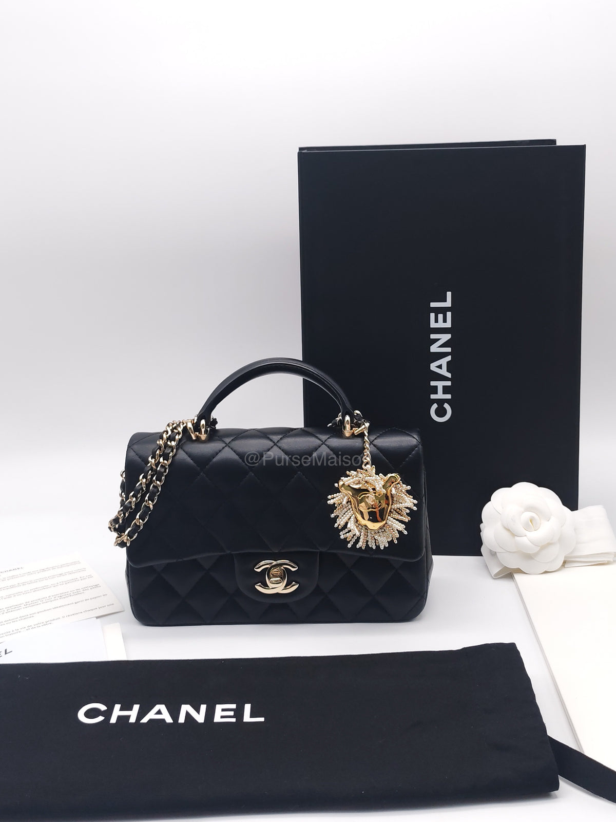 Chanel 23A Classic Mini Top Handle with Lion Charm in Black Lambskin Leather Light Gold Hardware (Microchip) | Purse Maison Luxury Bags Shop