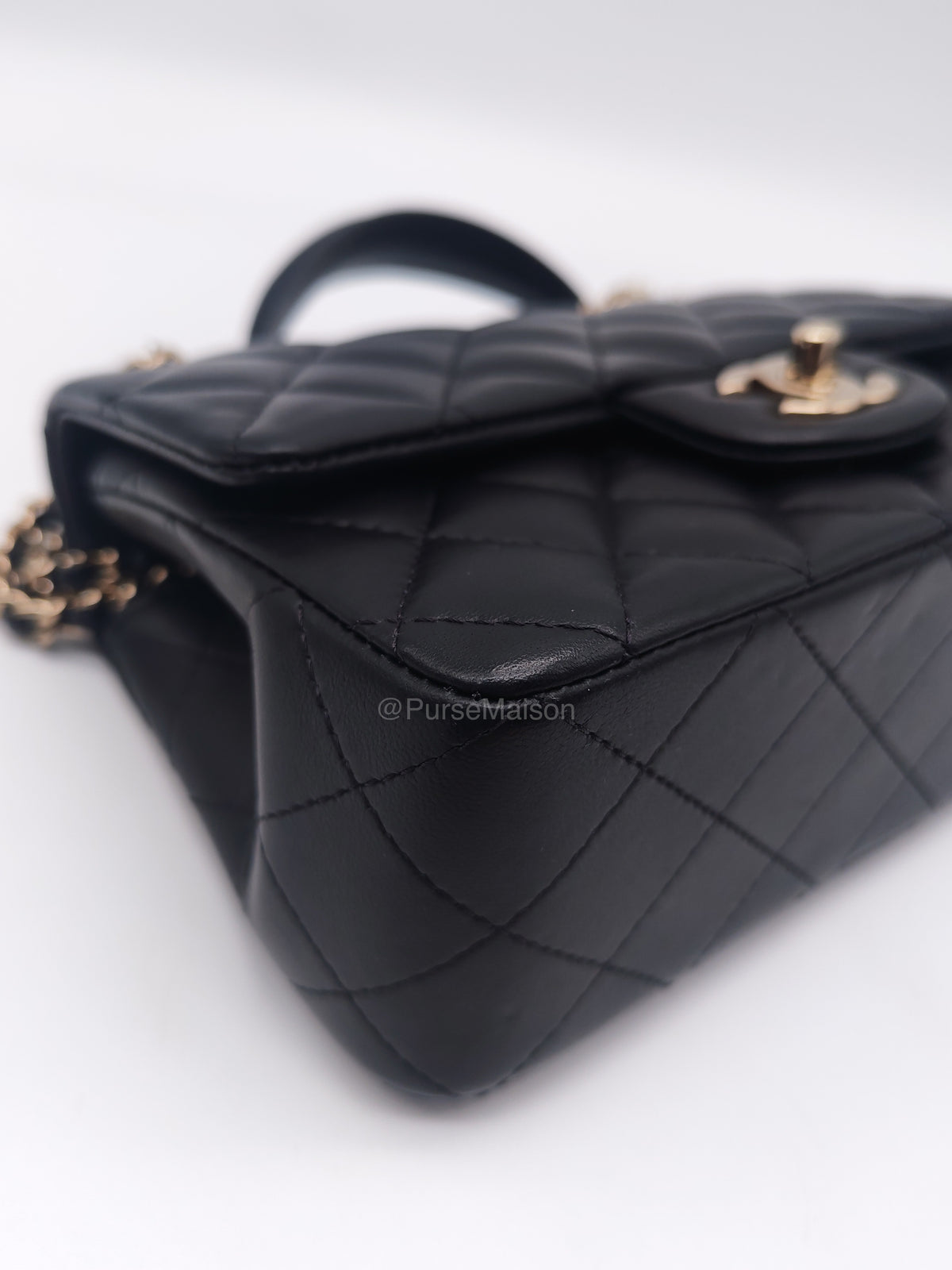 Chanel 23A Classic Mini Top Handle with Lion Charm in Black Lambskin Leather Light Gold Hardware (Microchip) | Purse Maison Luxury Bags Shop