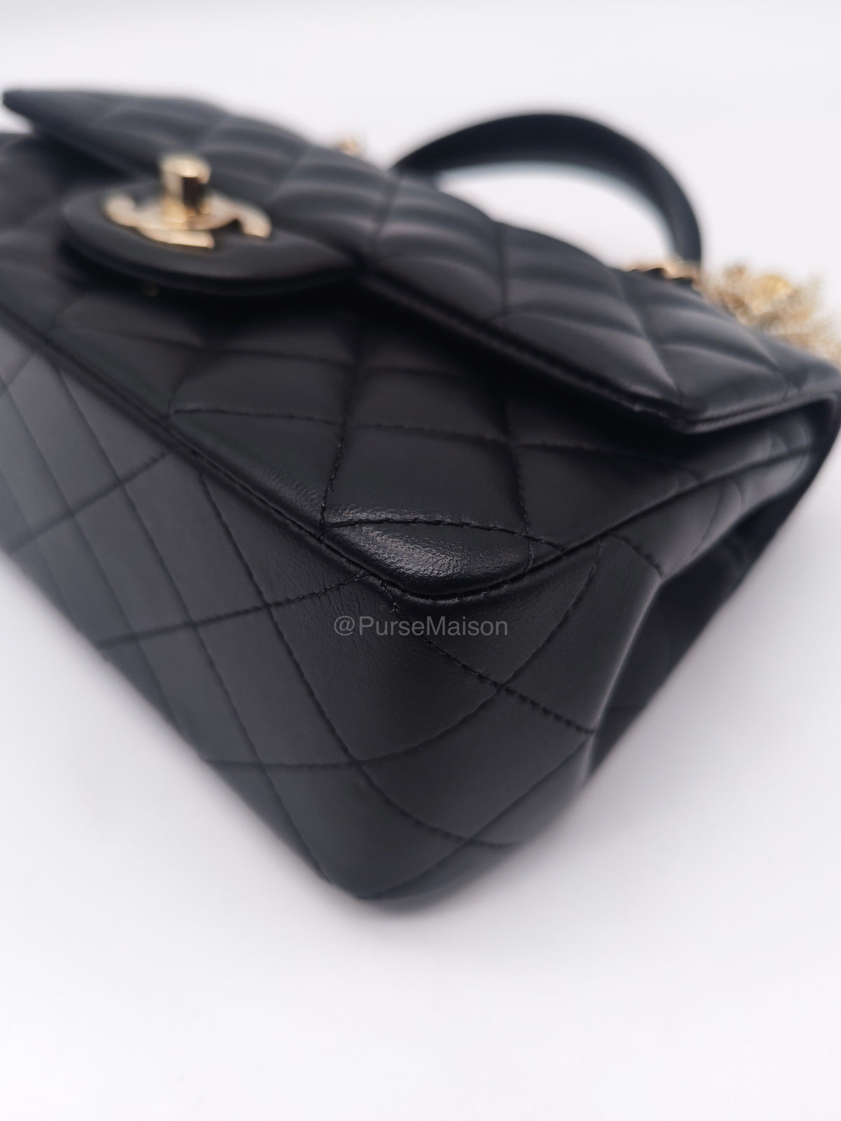 Chanel 23A Classic Mini Top Handle with Lion Charm in Black Lambskin Leather Light Gold Hardware (Microchip) | Purse Maison Luxury Bags Shop