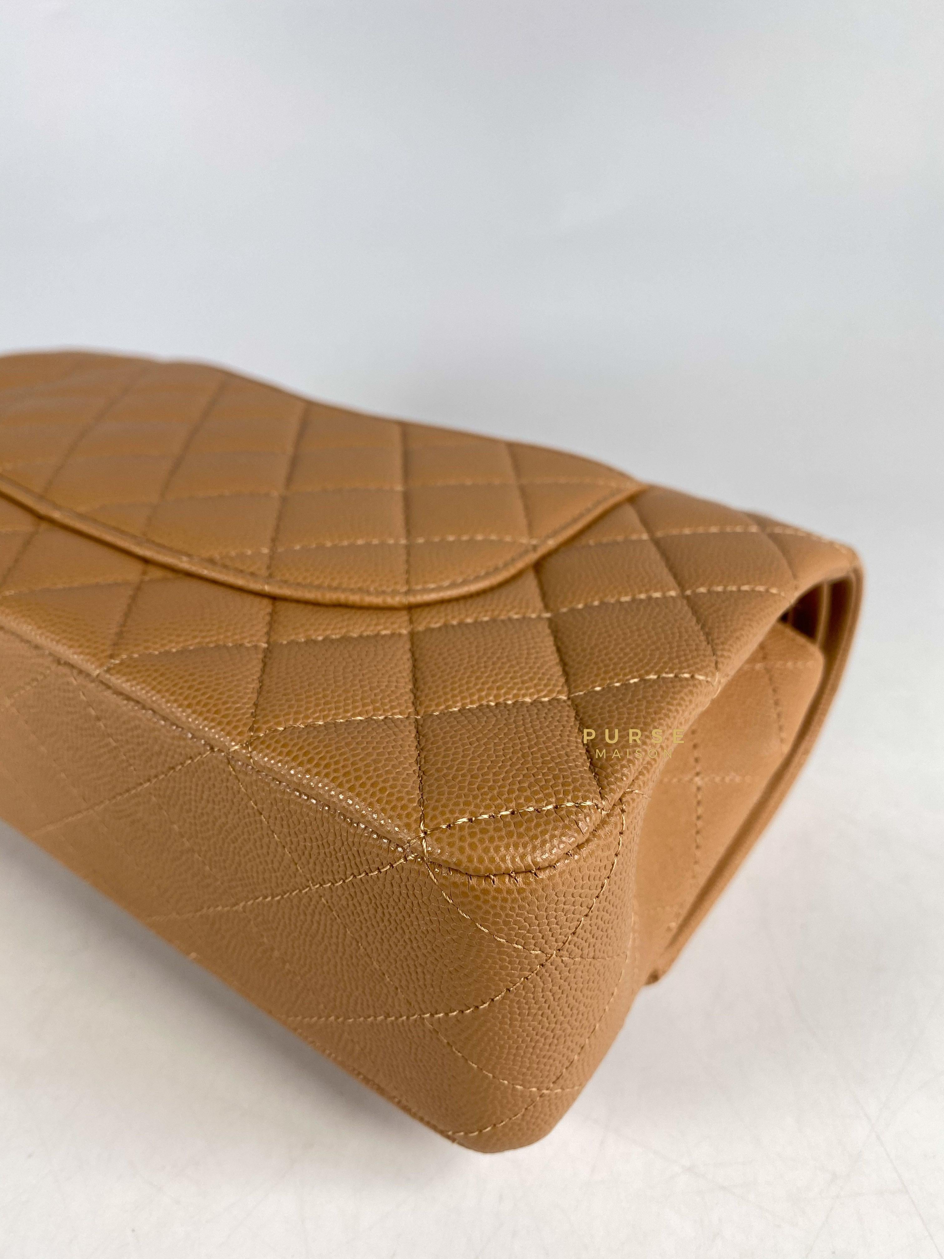 Chanel 23p Caramel Classic Double Flap Medium in Caviar Leather and Light Gold Hardware (Microchip) | Purse Maison Luxury Bags Shop