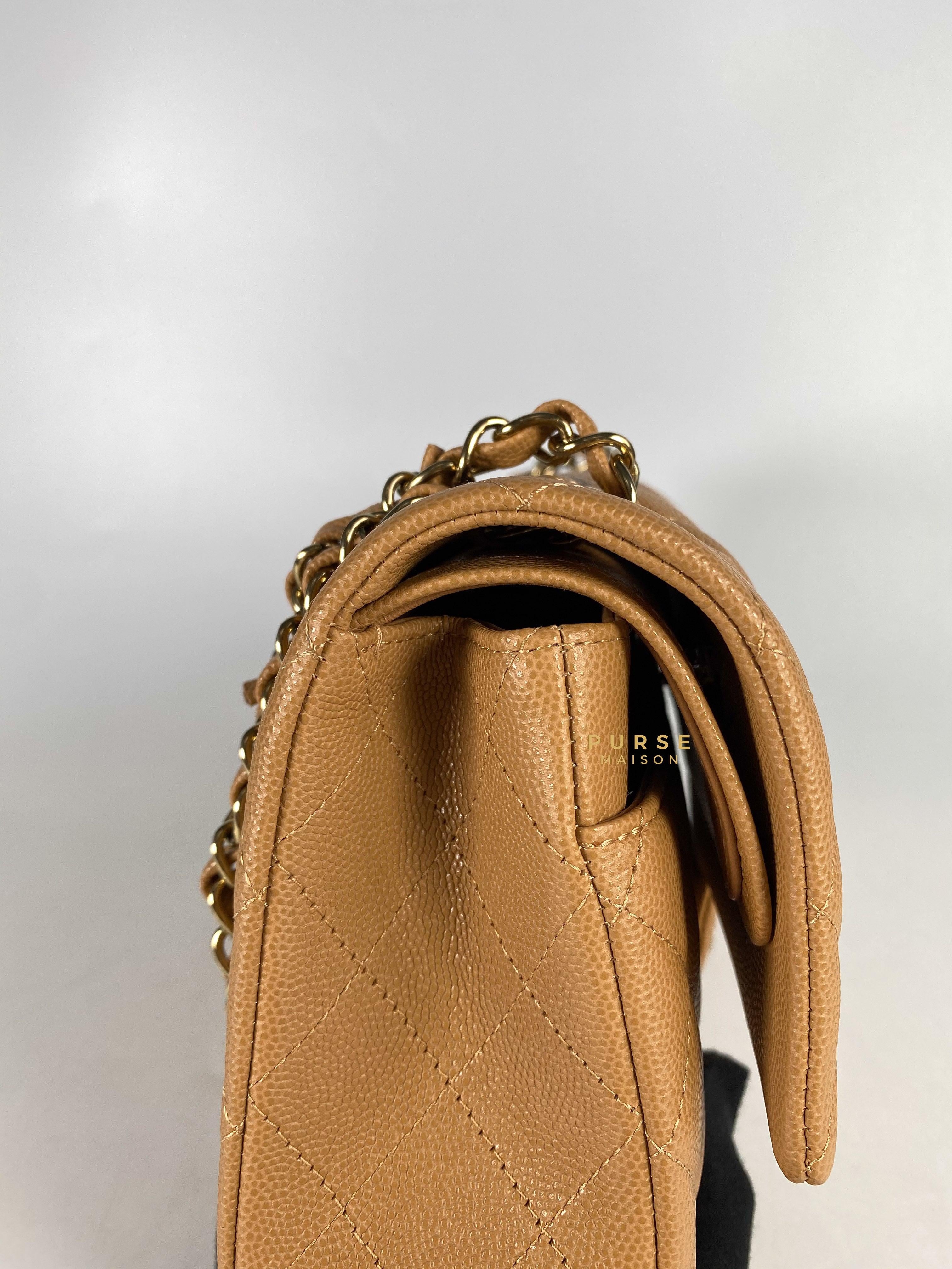 Chanel 23p Caramel Classic Double Flap Medium in Caviar Leather and Light Gold Hardware (Microchip) | Purse Maison Luxury Bags Shop