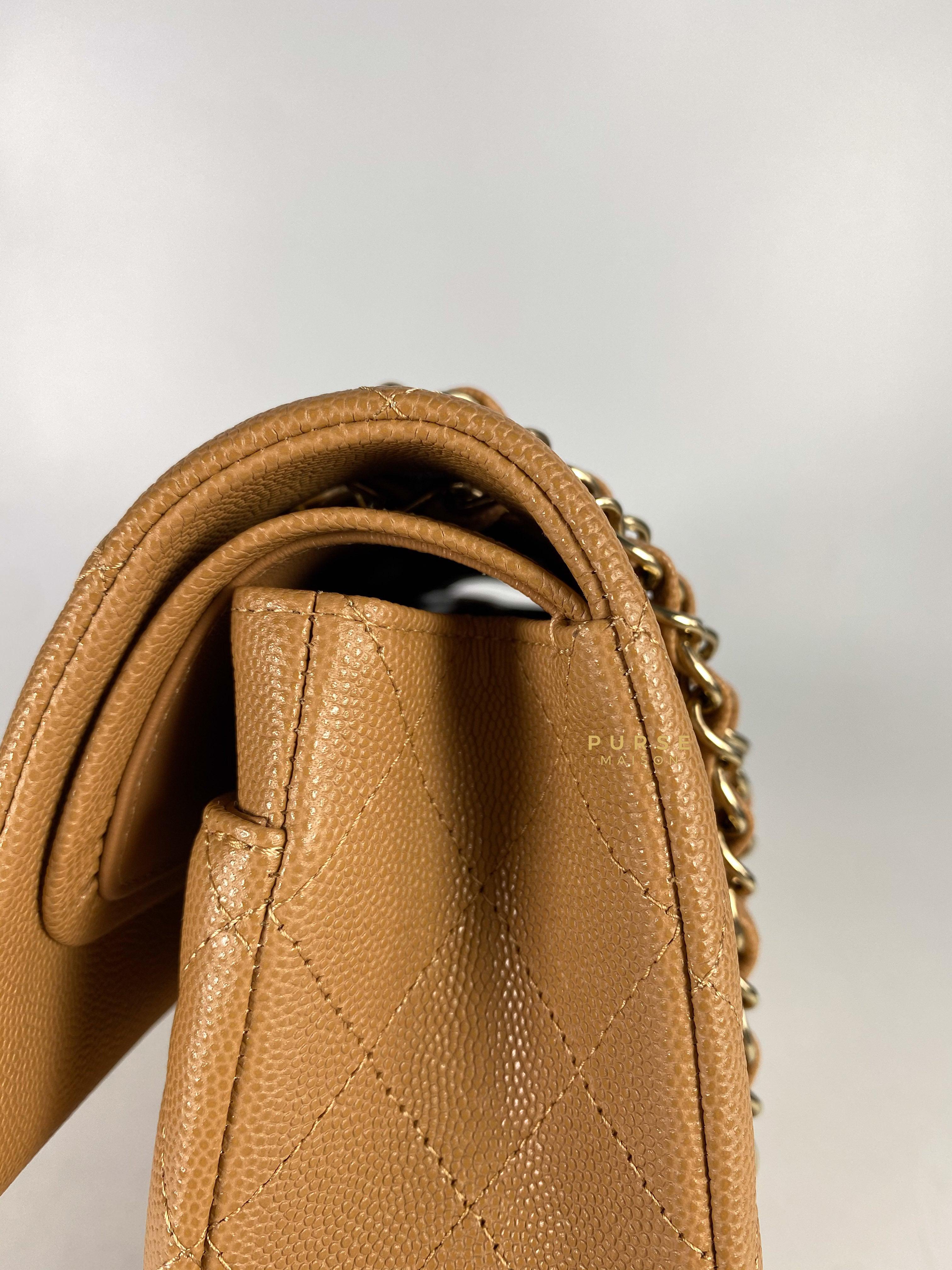 Chanel 23p Caramel Classic Double Flap Medium in Caviar Leather and Light Gold Hardware (Microchip) | Purse Maison Luxury Bags Shop