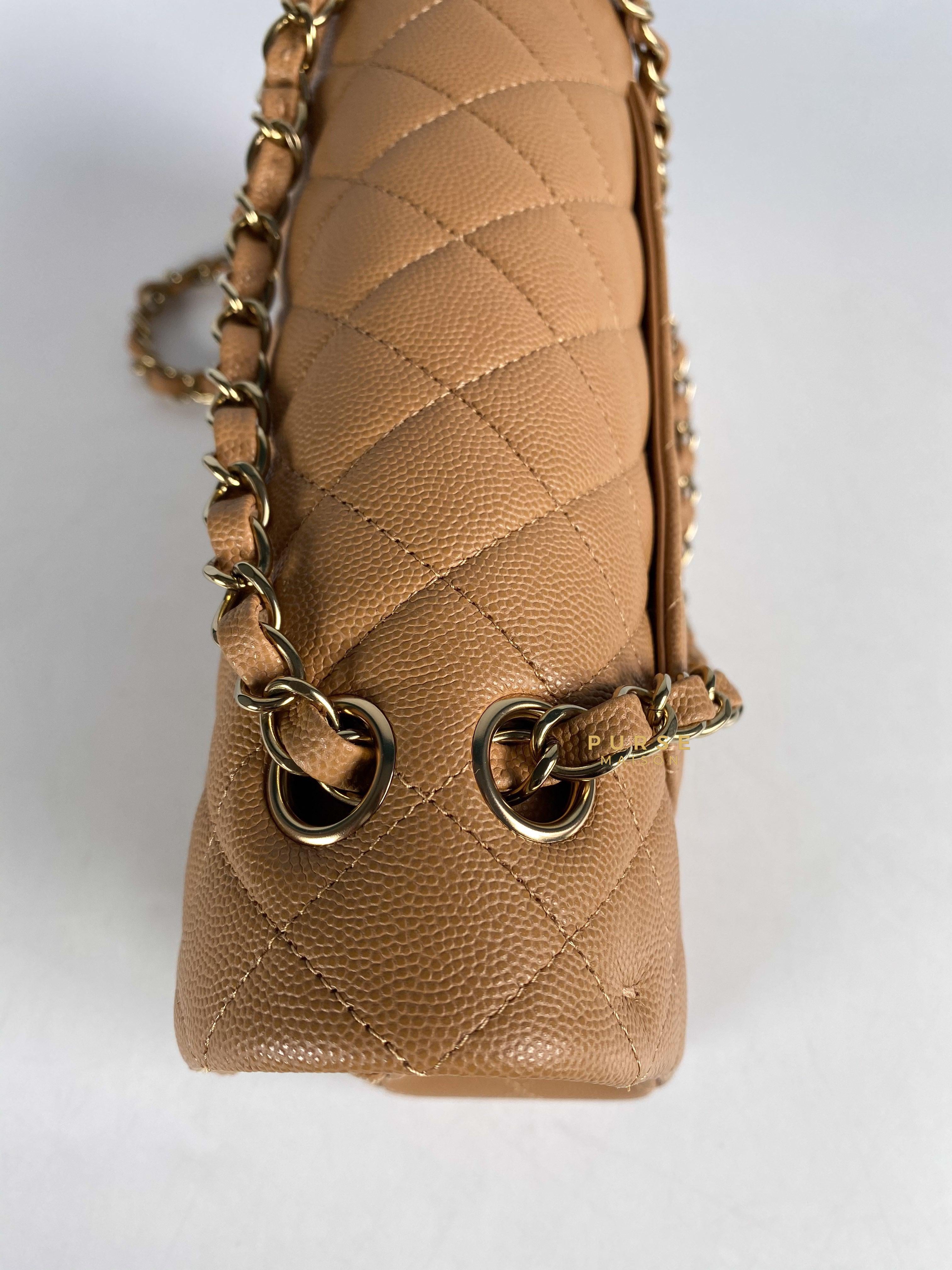 Chanel 23p Caramel Classic Double Flap Medium in Caviar Leather and Light Gold Hardware (Microchip) | Purse Maison Luxury Bags Shop