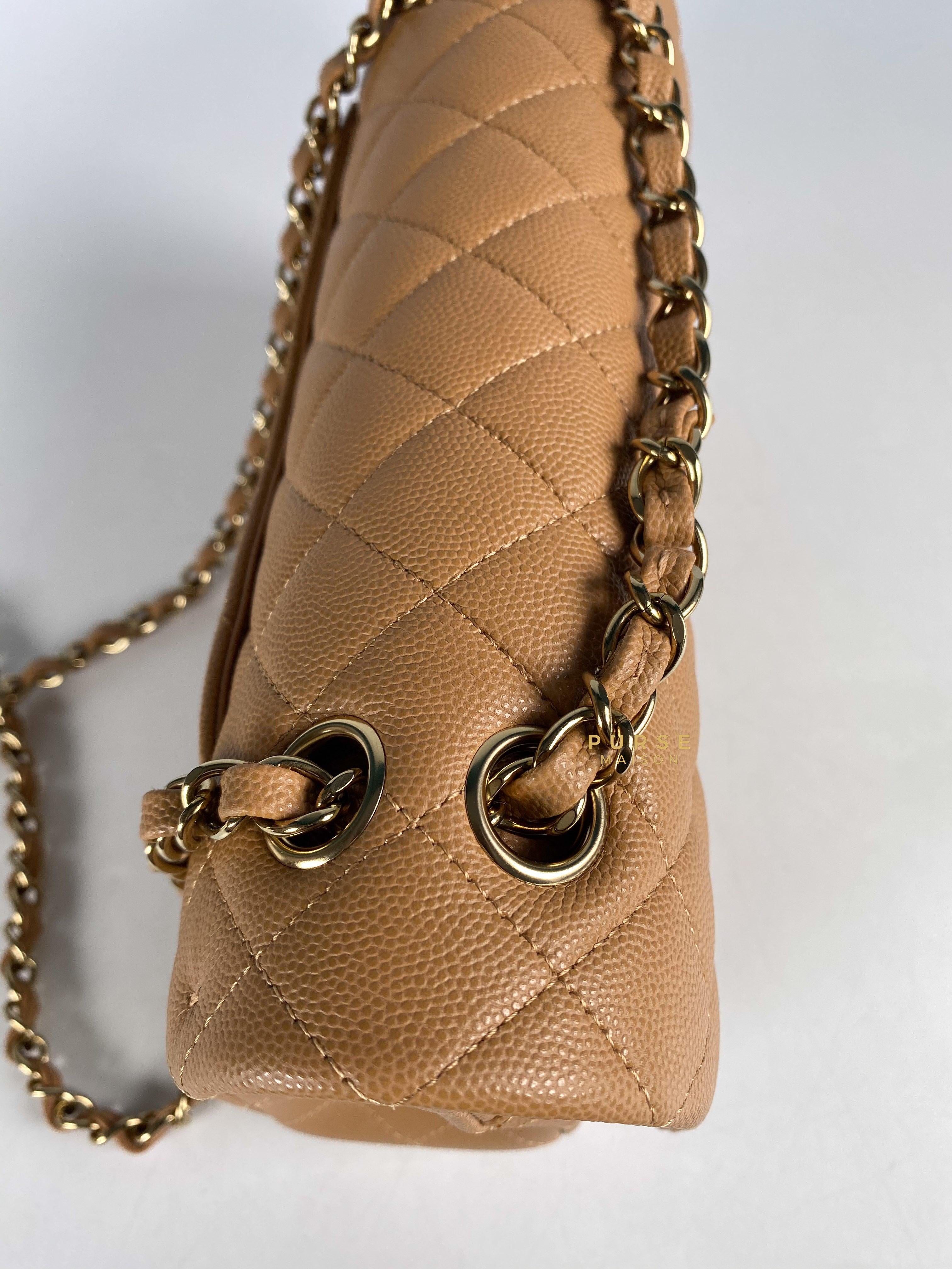 Chanel 23p Caramel Classic Double Flap Medium in Caviar Leather and Light Gold Hardware (Microchip) | Purse Maison Luxury Bags Shop