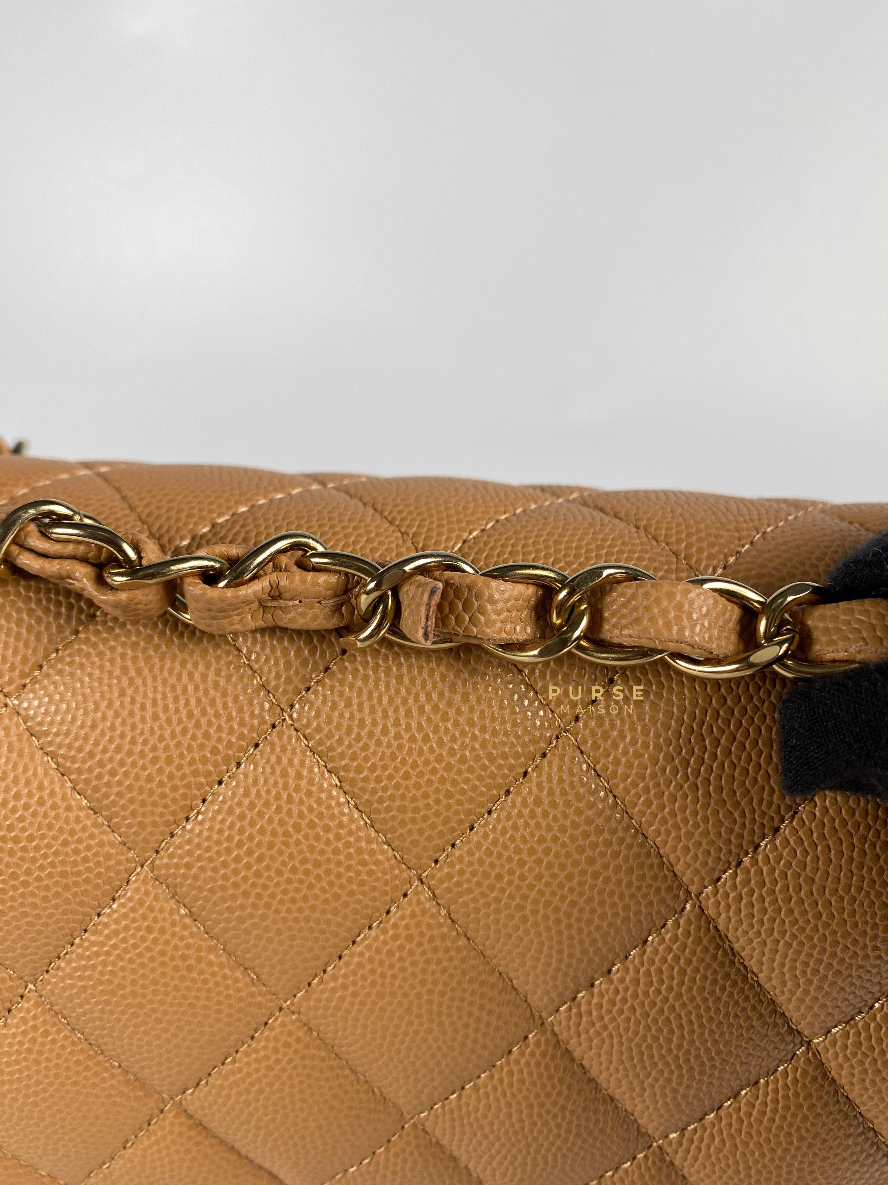 Chanel 23p Caramel Classic Double Flap Medium in Caviar Leather and Light Gold Hardware (Microchip) | Purse Maison Luxury Bags Shop