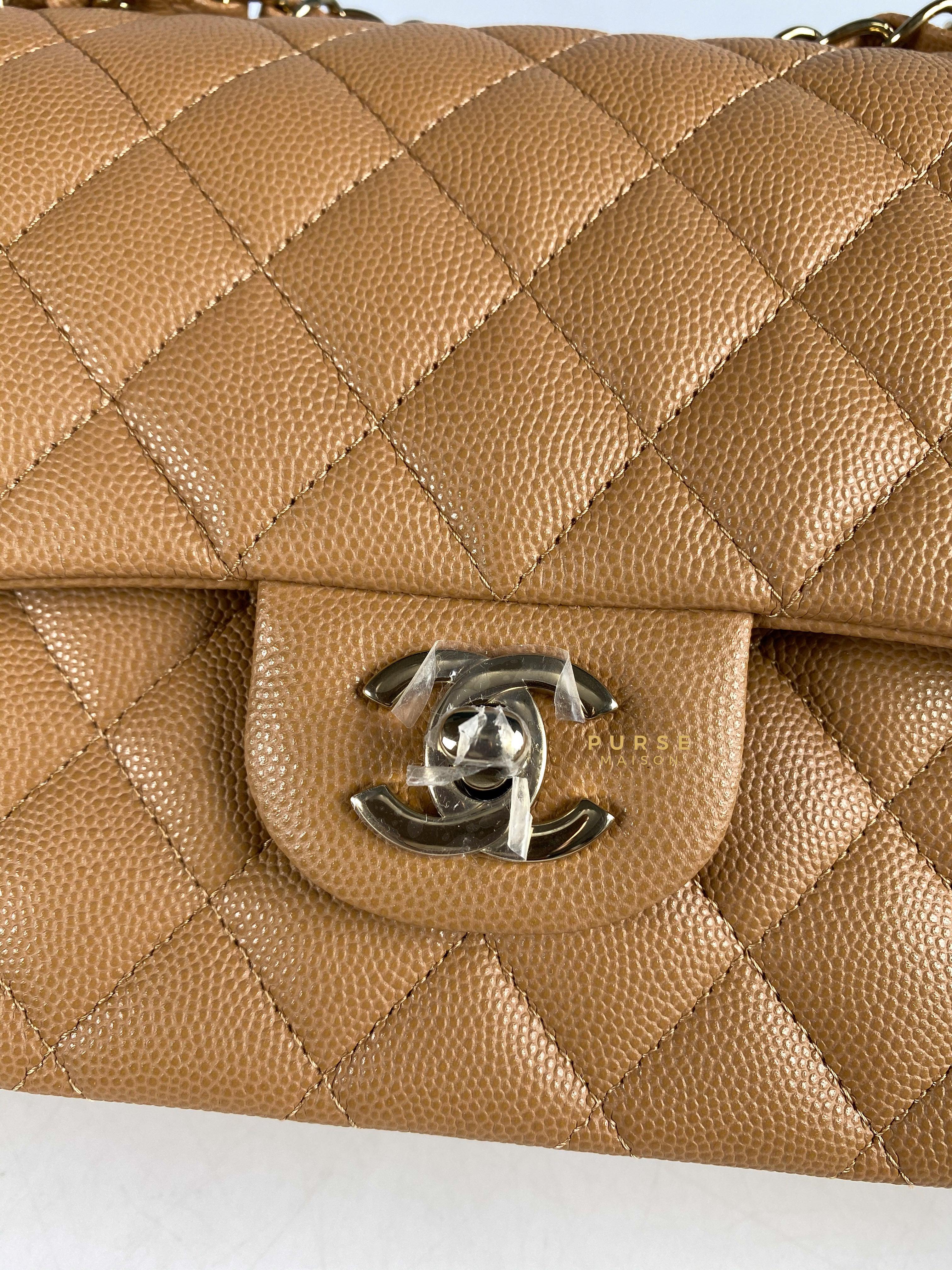 Chanel 23p Caramel Classic Double Flap Medium in Caviar Leather and Light Gold Hardware (Microchip) | Purse Maison Luxury Bags Shop