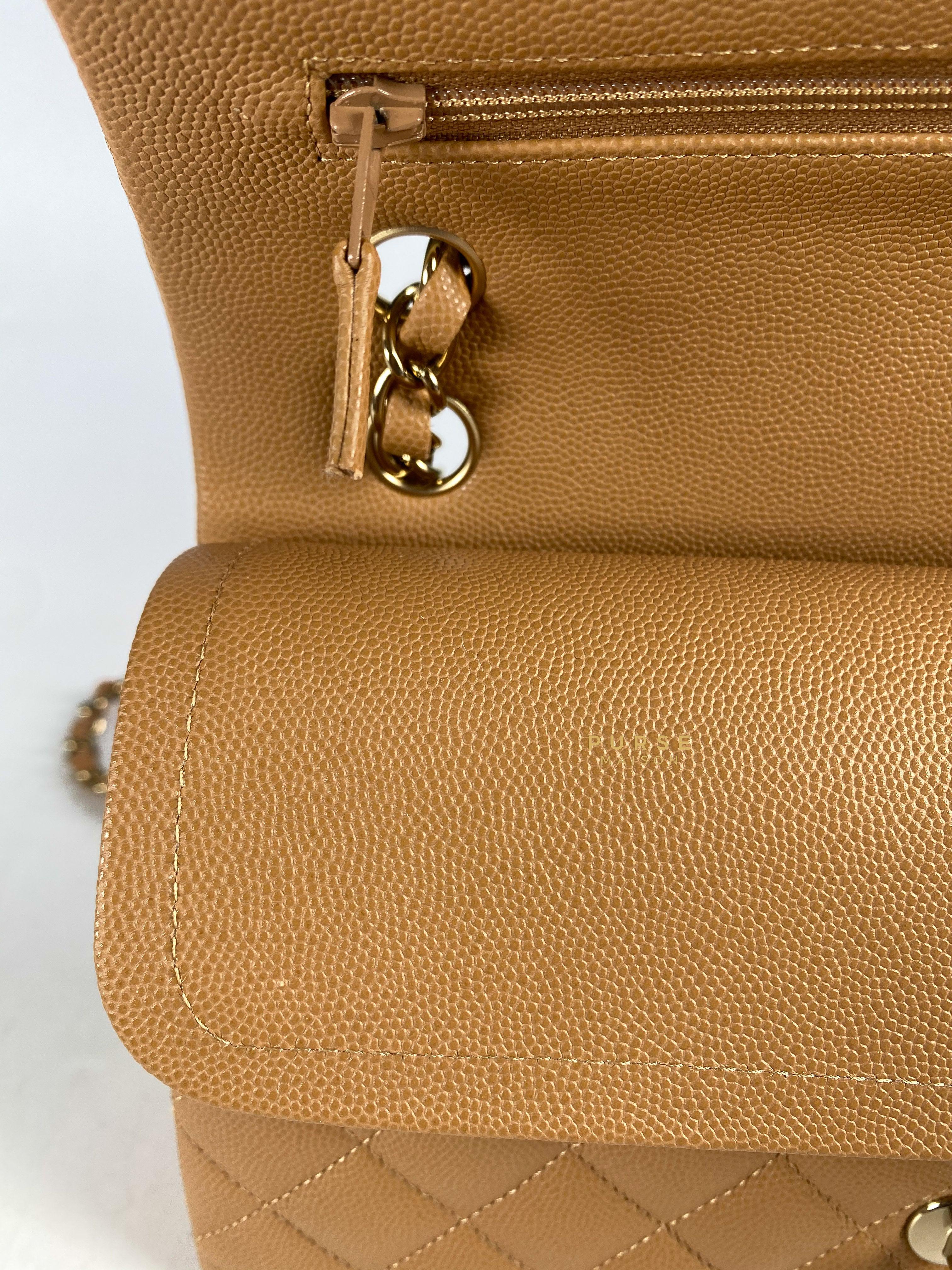 Chanel 23p Caramel Classic Double Flap Medium in Caviar Leather and Light Gold Hardware (Microchip) | Purse Maison Luxury Bags Shop