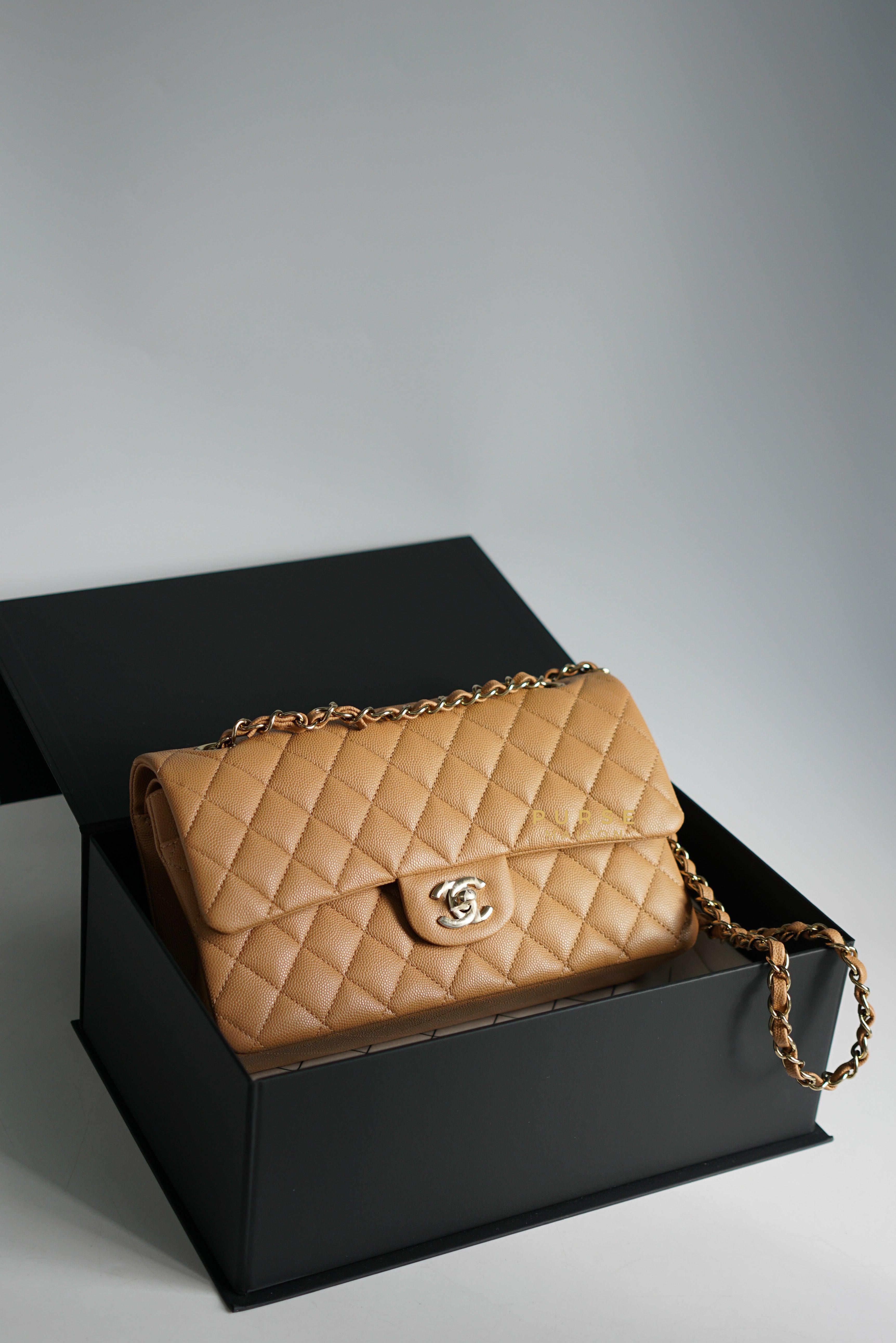 Chanel 23p Caramel Classic Double Flap Medium in Caviar Leather and Light Gold Hardware (Microchip) | Purse Maison Luxury Bags Shop