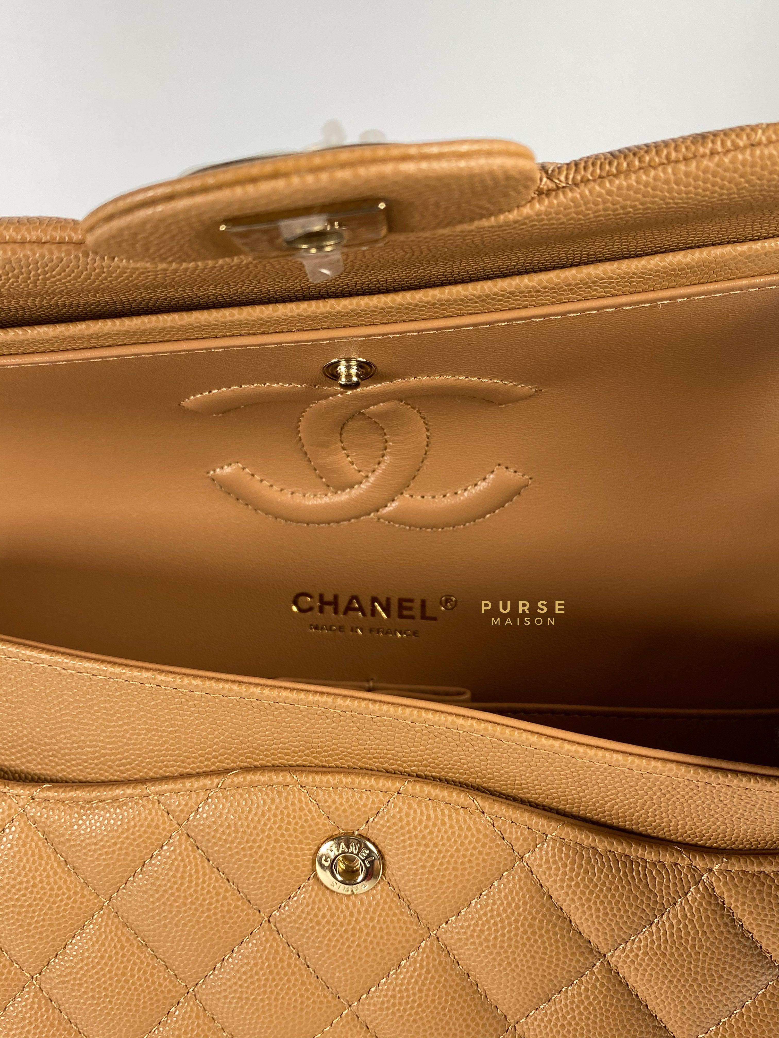Chanel 23p Caramel Classic Double Flap Medium in Caviar Leather and Light Gold Hardware (Microchip) | Purse Maison Luxury Bags Shop