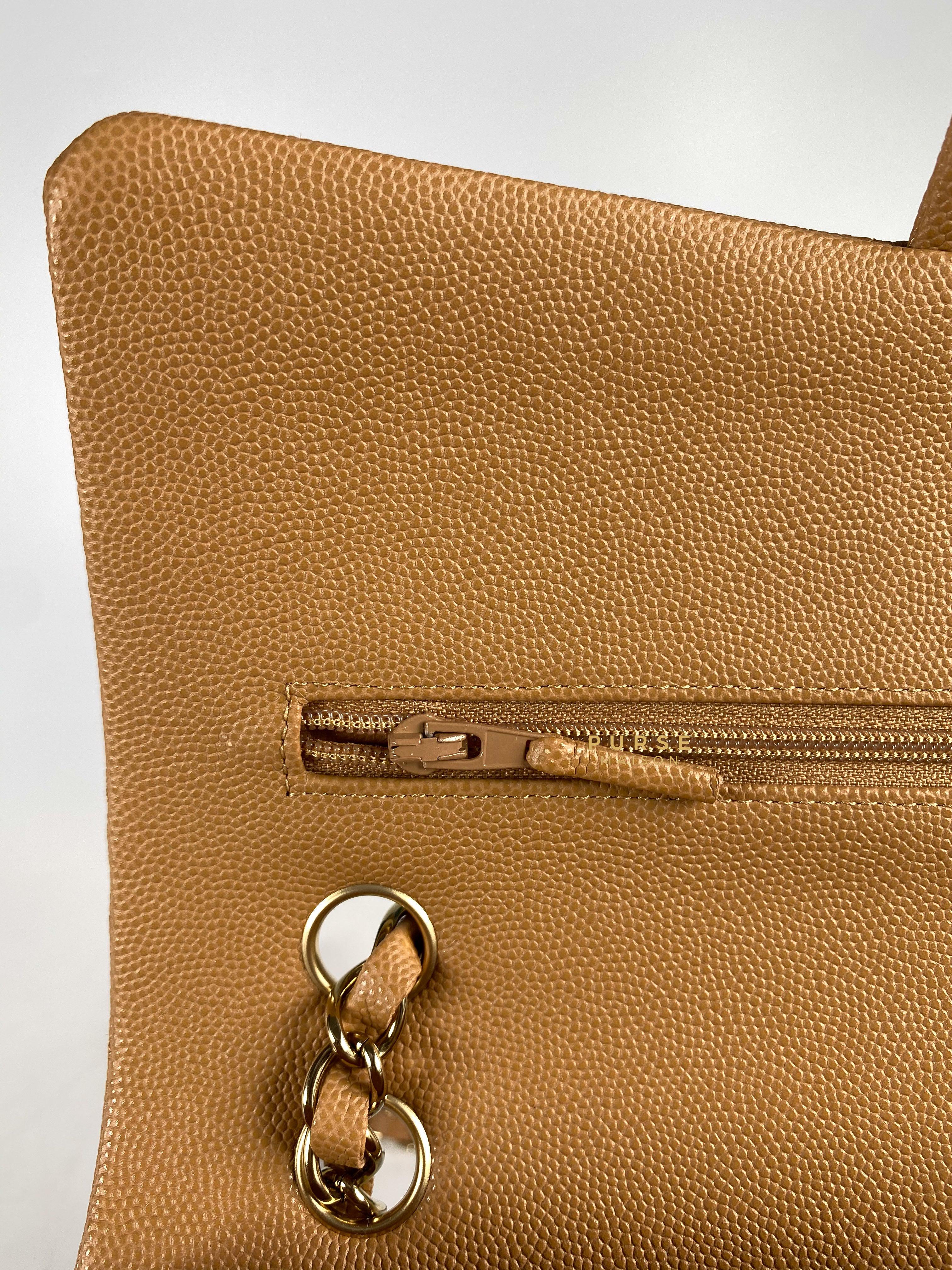 Chanel 23p Caramel Classic Double Flap Medium in Caviar Leather and Light Gold Hardware (Microchip) | Purse Maison Luxury Bags Shop