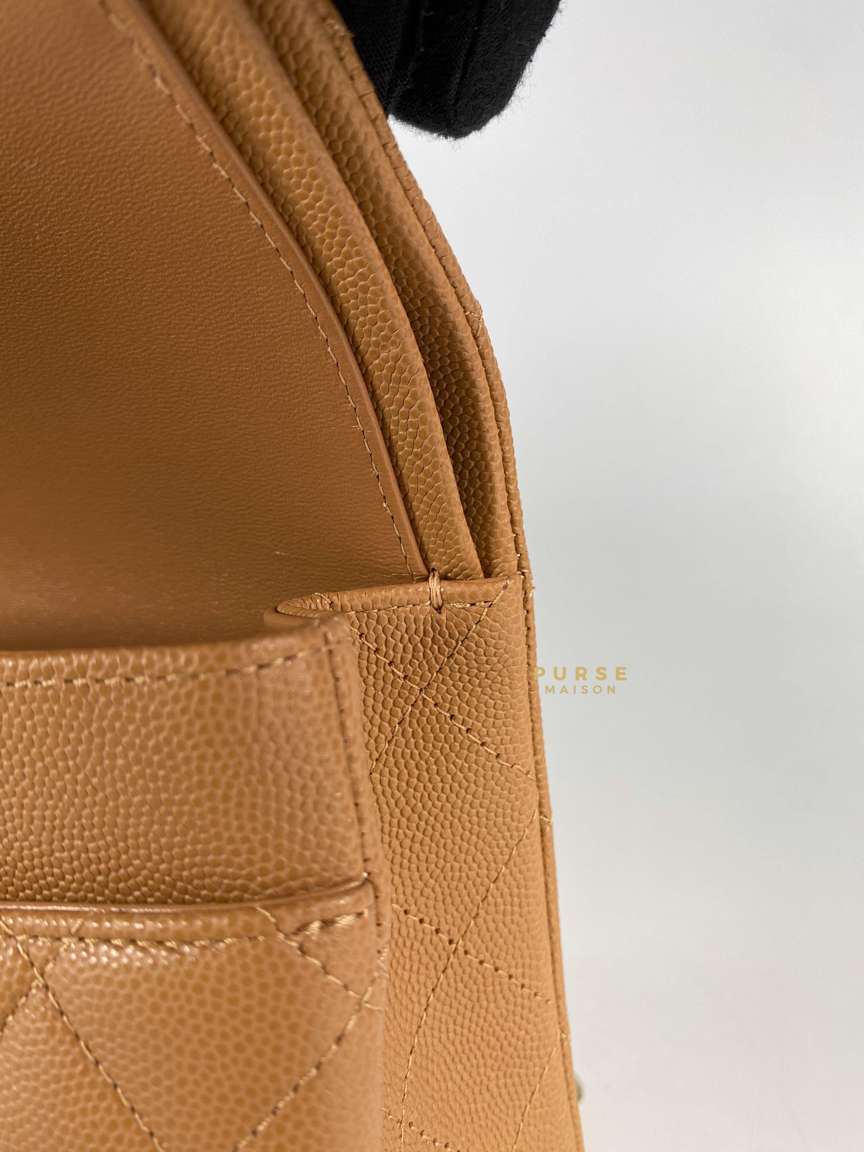 Chanel 23p Caramel Classic Double Flap Medium in Caviar Leather and Light Gold Hardware (Microchip) | Purse Maison Luxury Bags Shop