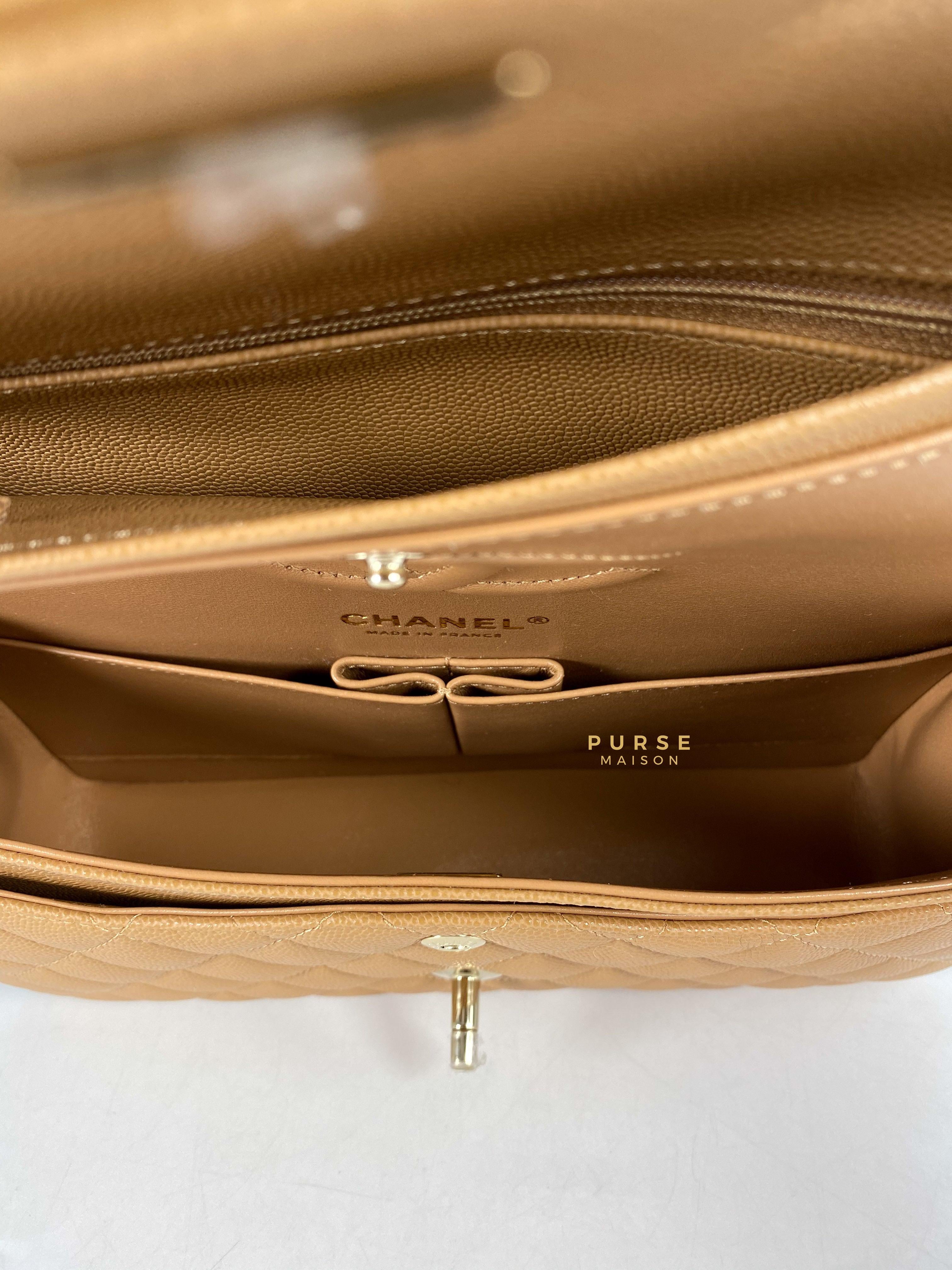 Chanel 23p Caramel Classic Double Flap Medium in Caviar Leather and Light Gold Hardware (Microchip) | Purse Maison Luxury Bags Shop
