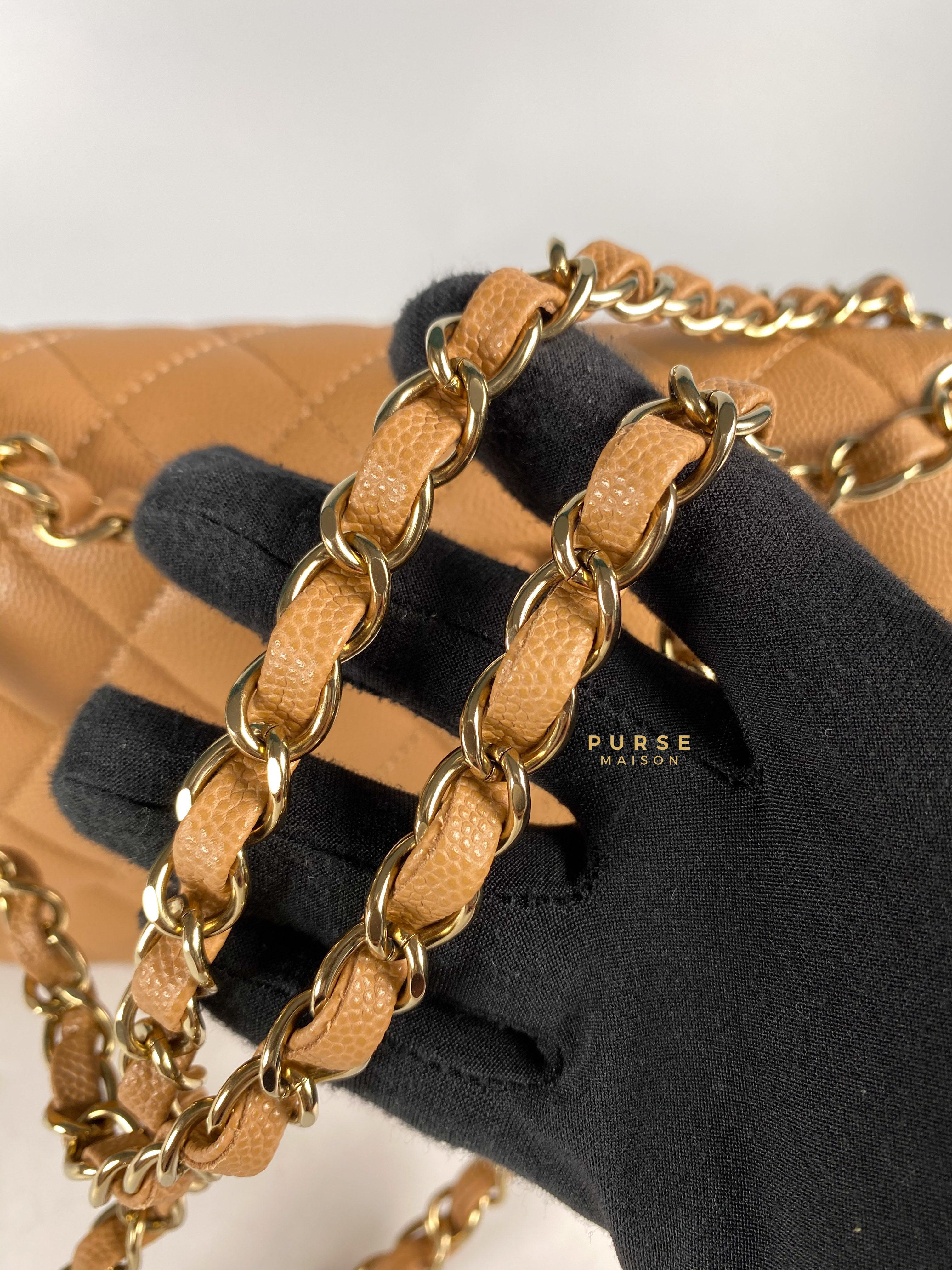 Chanel 23p Caramel Classic Double Flap Medium in Caviar Leather and Light Gold Hardware (Microchip) | Purse Maison Luxury Bags Shop