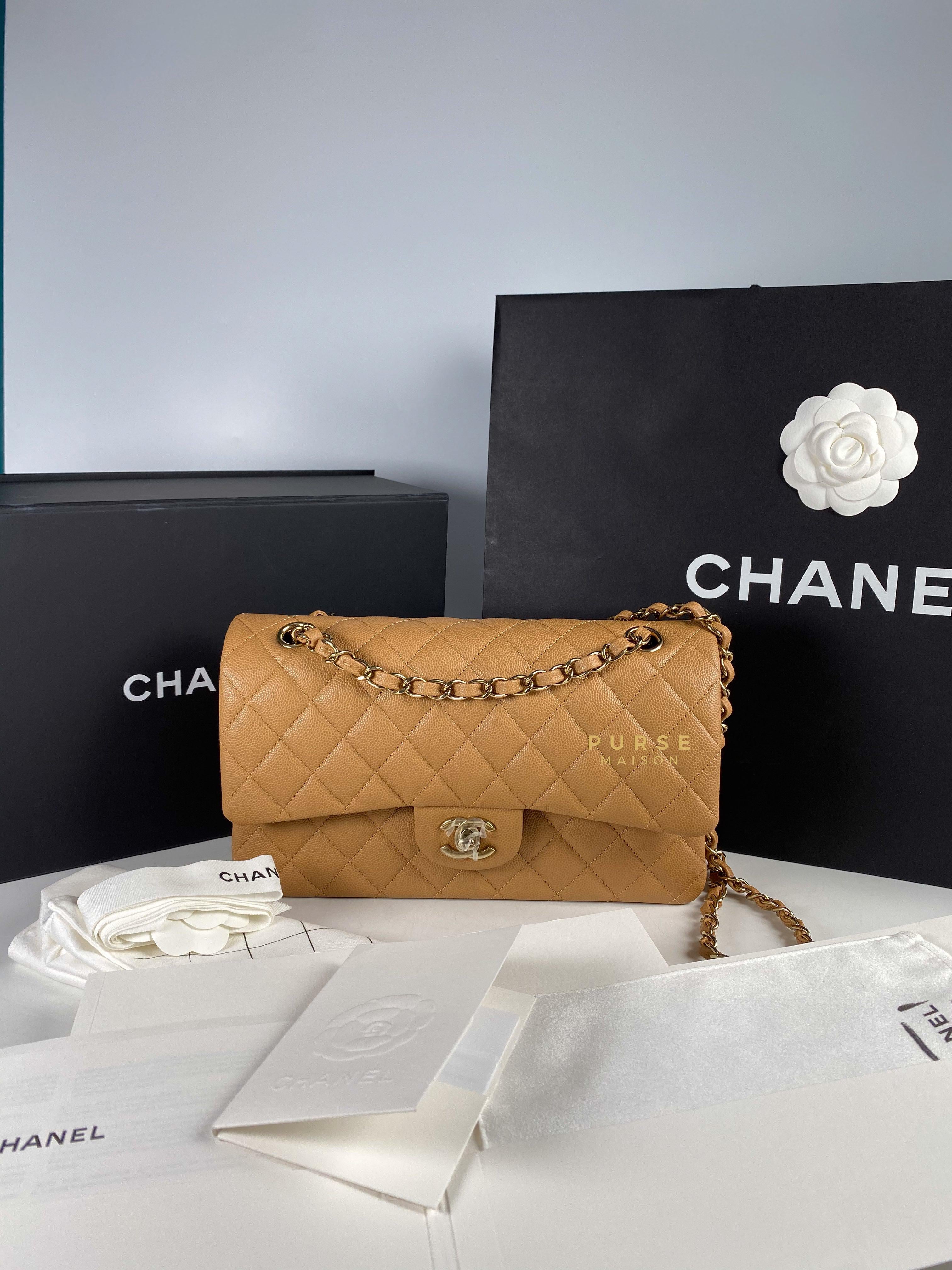 Chanel 23p Caramel Classic Double Flap Medium in Caviar Leather and Light Gold Hardware (Microchip) | Purse Maison Luxury Bags Shop