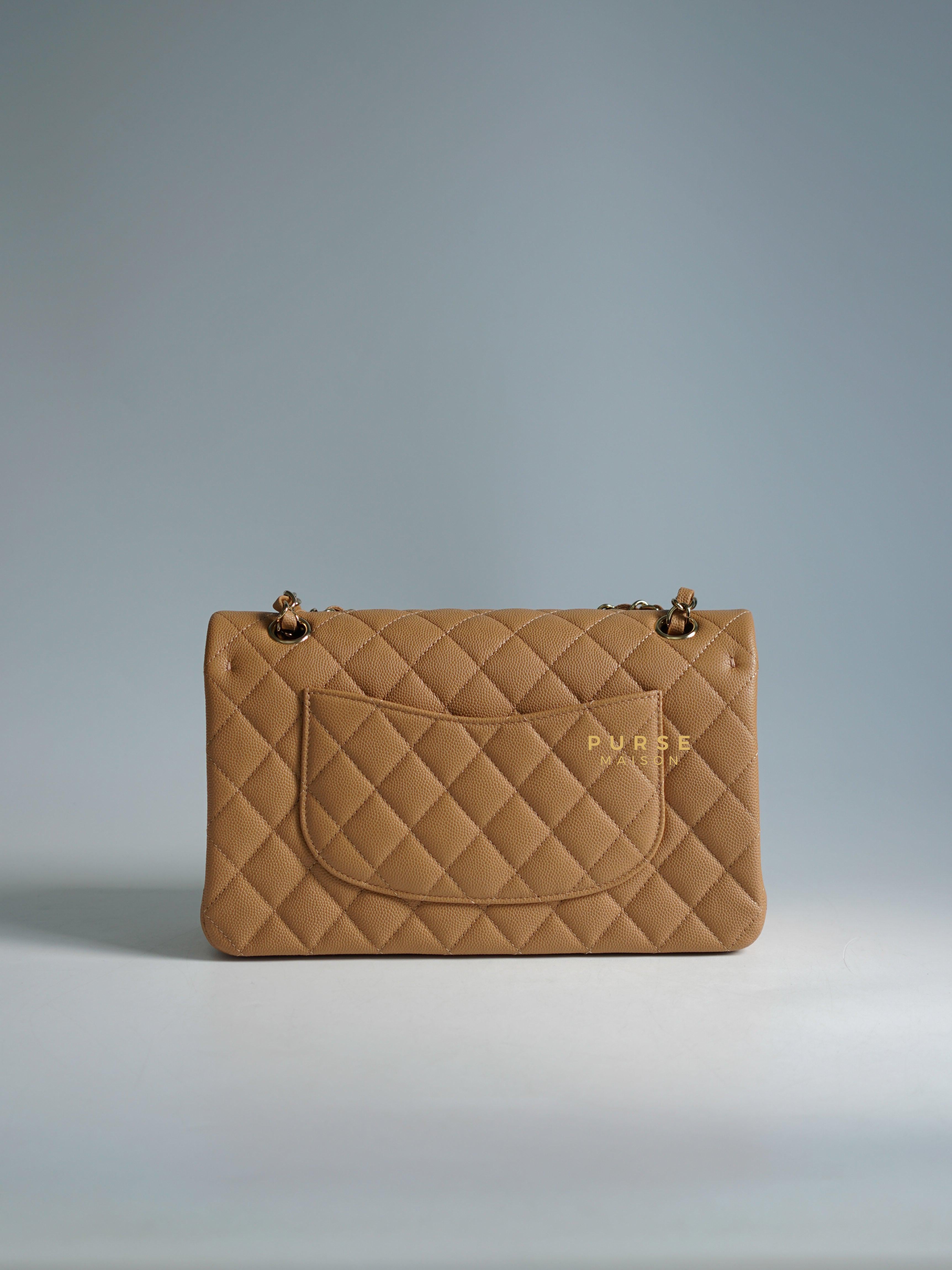 Chanel 23p Caramel Classic Double Flap Medium in Caviar Leather and Light Gold Hardware (Microchip) | Purse Maison Luxury Bags Shop