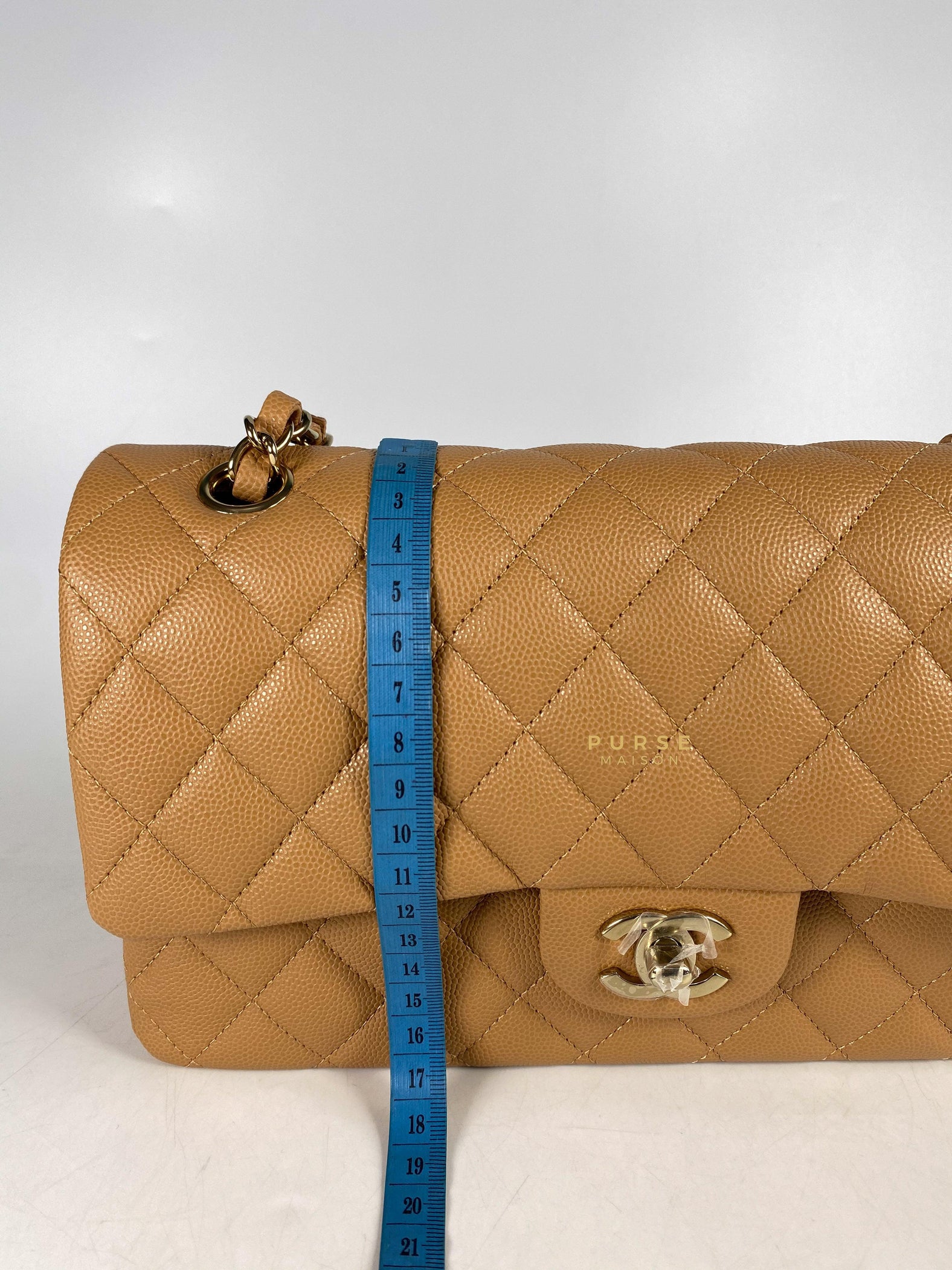 Chanel 23p Caramel Classic Double Flap Medium in Caviar Leather and Light Gold Hardware (Microchip) | Purse Maison Luxury Bags Shop