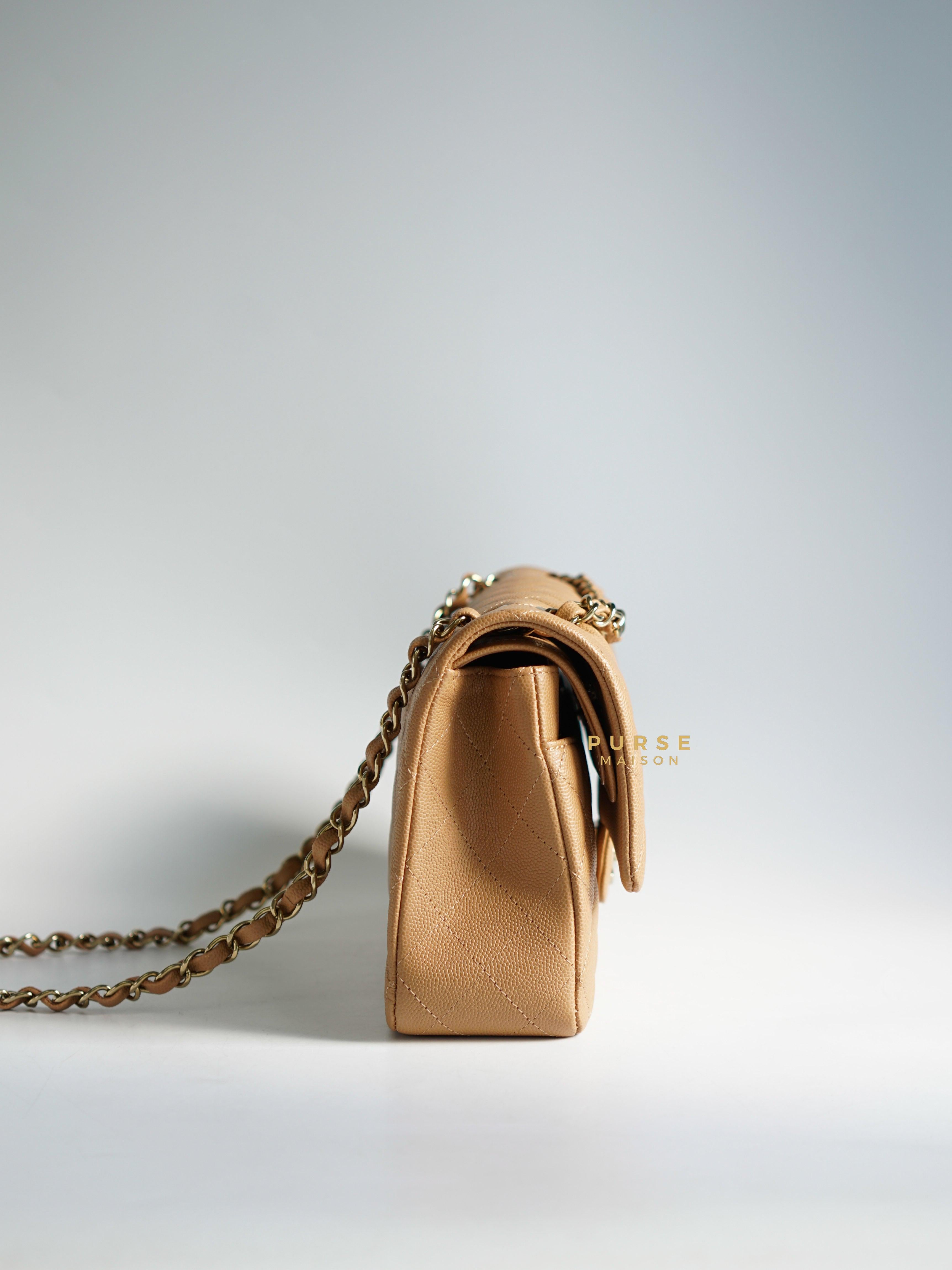 Chanel 23p Caramel Classic Double Flap Medium in Caviar Leather and Light Gold Hardware (Microchip) | Purse Maison Luxury Bags Shop