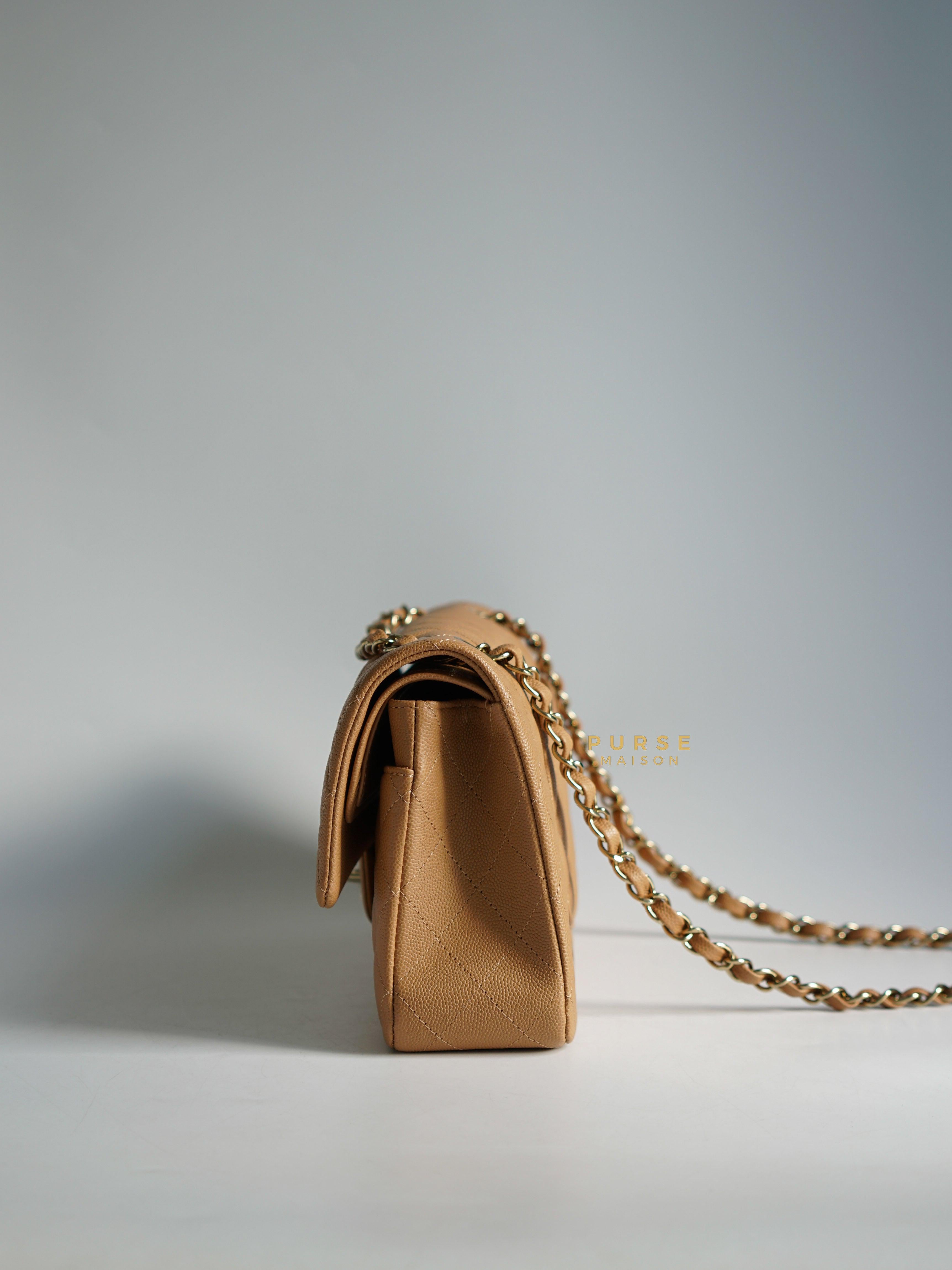 Chanel 23p Caramel Classic Double Flap Medium in Caviar Leather and Light Gold Hardware (Microchip) | Purse Maison Luxury Bags Shop