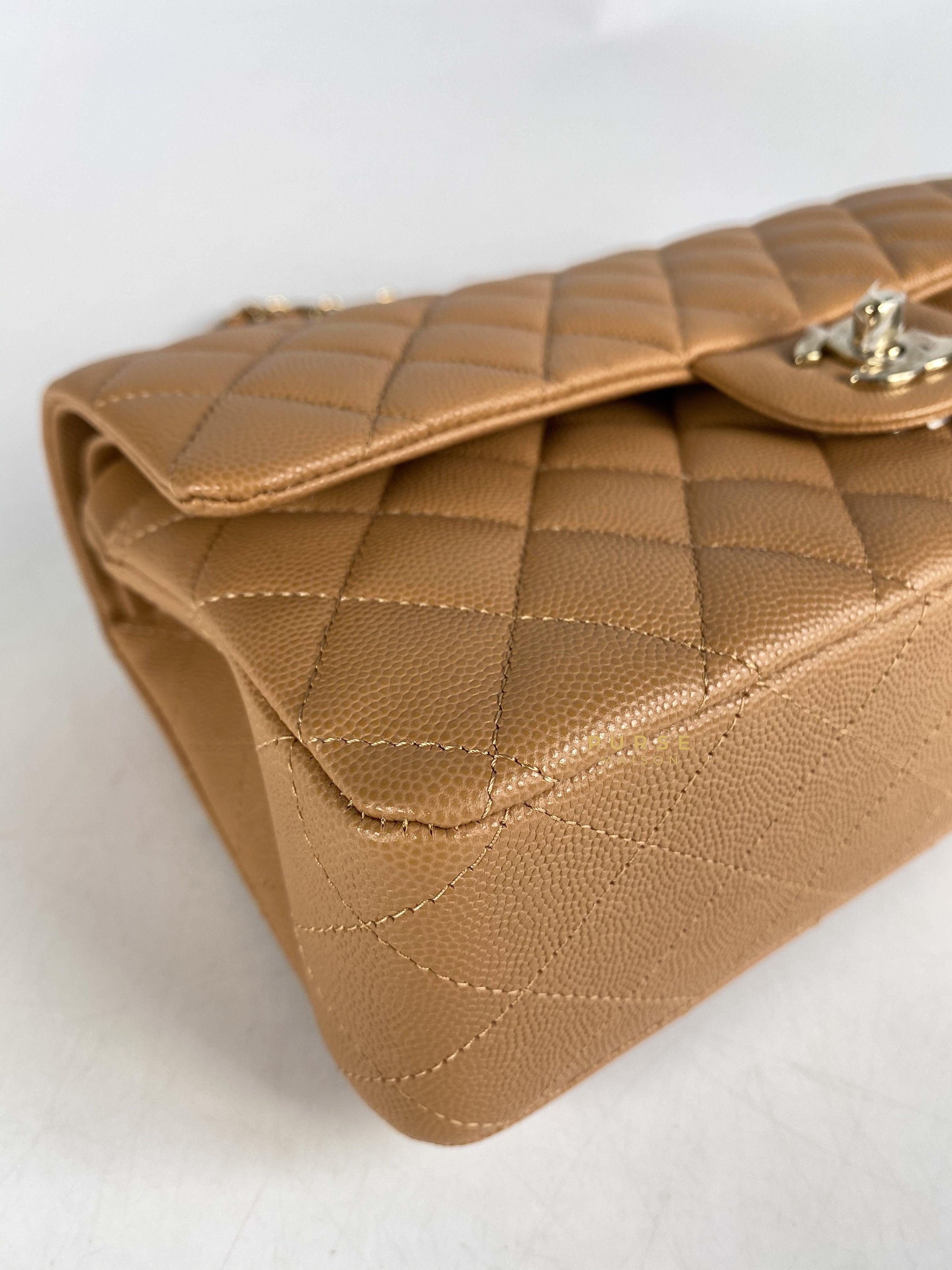 Chanel 23p Caramel Classic Double Flap Medium in Caviar Leather and Light Gold Hardware (Microchip) | Purse Maison Luxury Bags Shop
