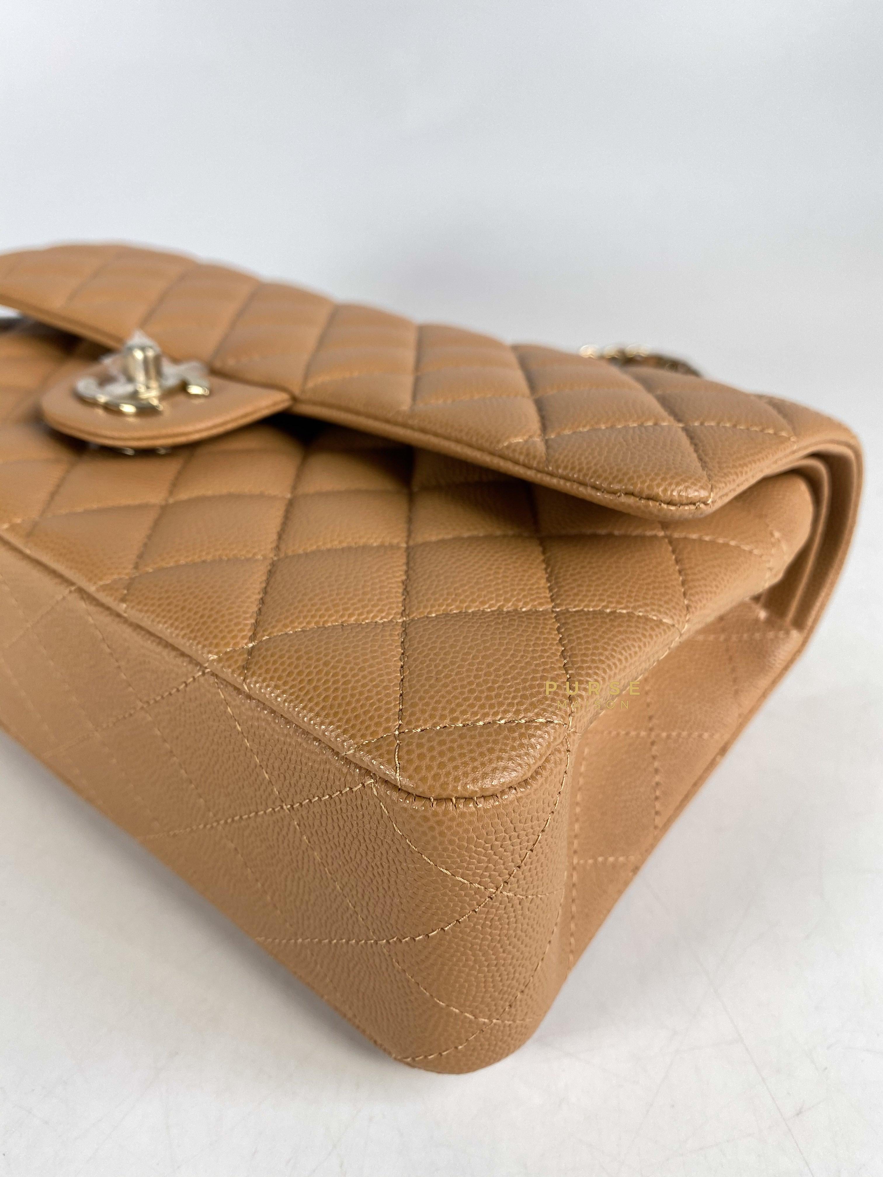 Chanel 23p Caramel Classic Double Flap Medium in Caviar Leather and Light Gold Hardware (Microchip) | Purse Maison Luxury Bags Shop
