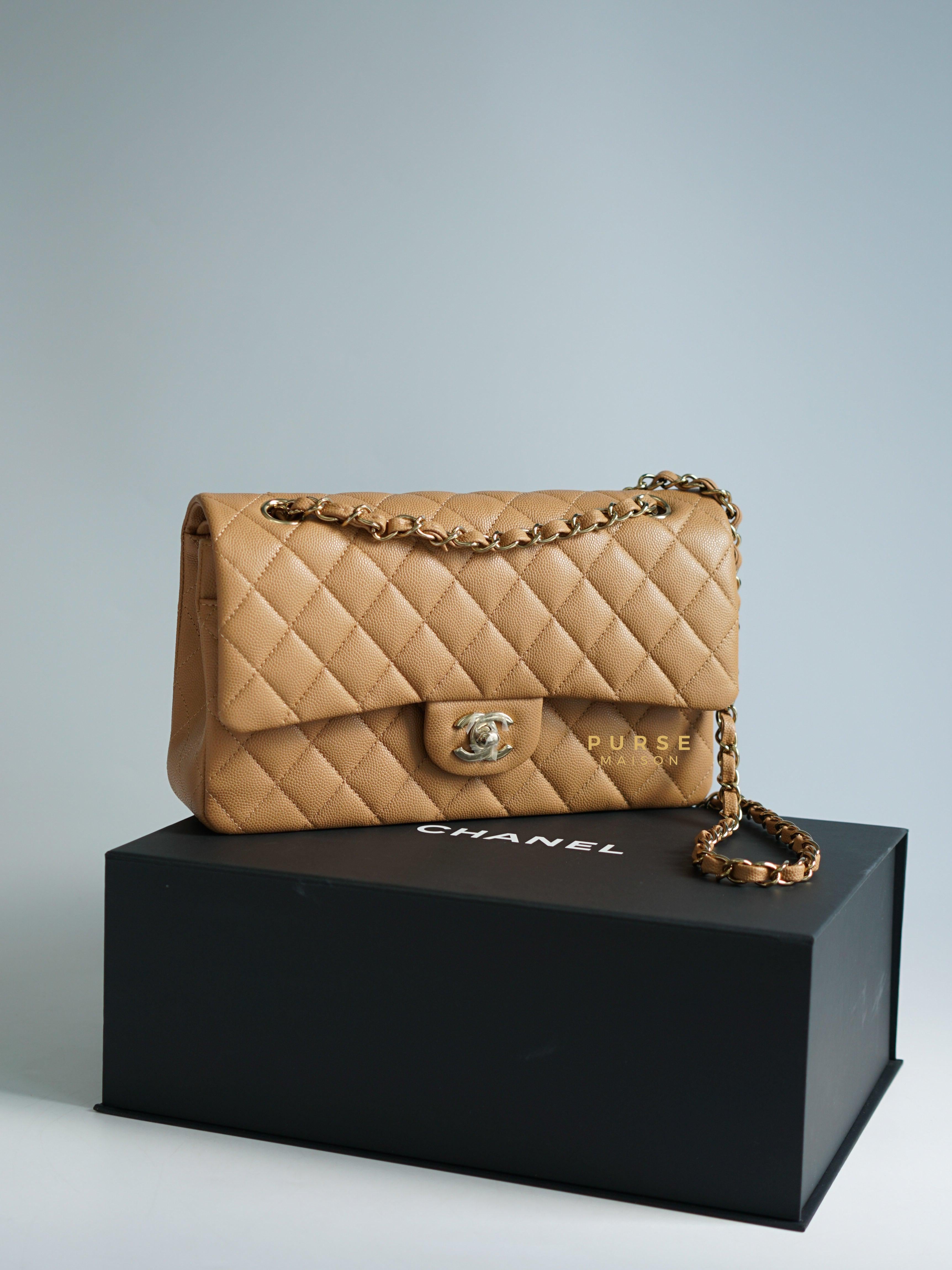 Chanel 23p Caramel Classic Double Flap Medium in Caviar Leather and Light Gold Hardware (Microchip) | Purse Maison Luxury Bags Shop