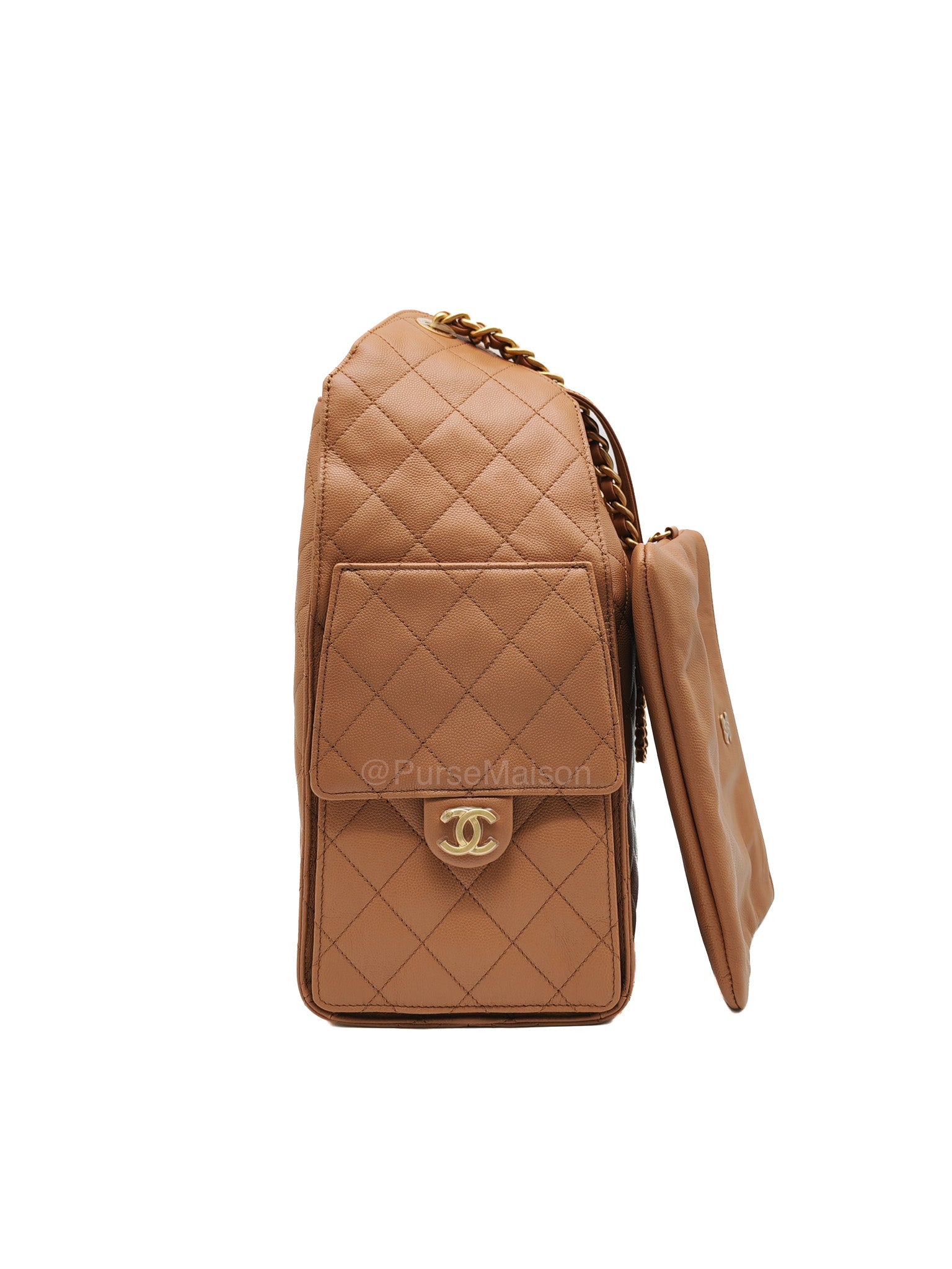 Chanel 25 Medium in Caramel Caviar Leather Aged Gold Hardware (Microchip) | Purse Maison Luxury Bags Shop