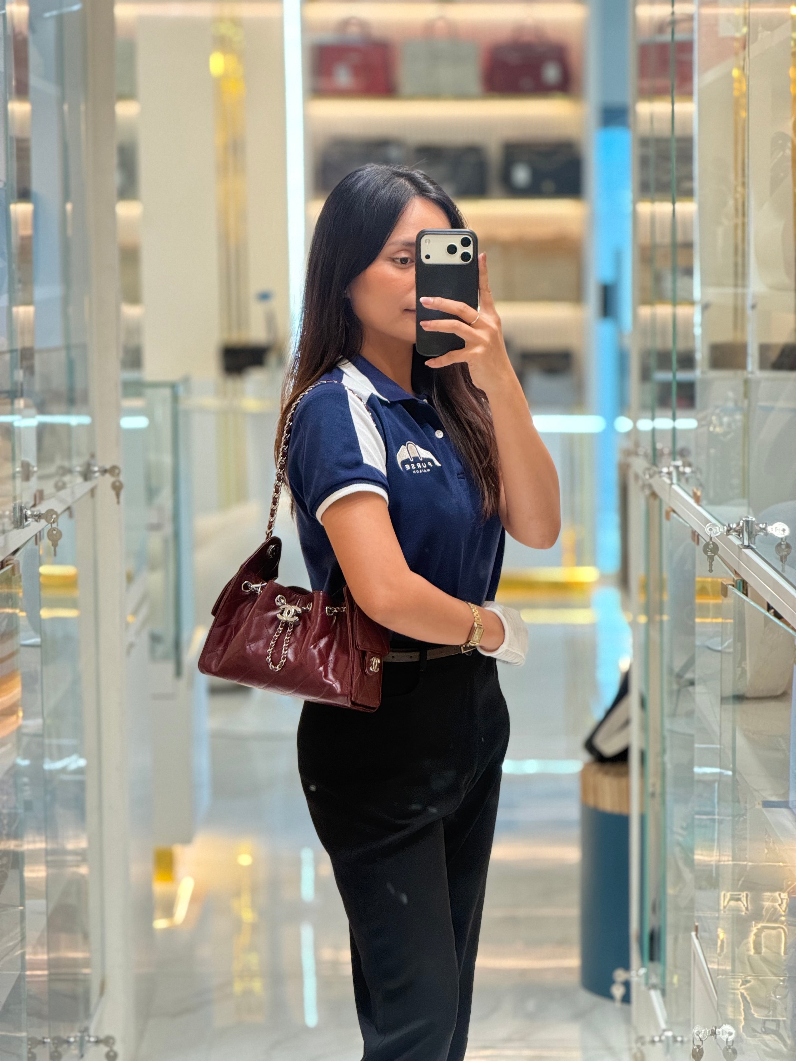 Chanel 25 Mini Dark Burgundy Shiny Calfskin Leather in Silver Hardware (Microchip) | Purse Maison Luxury Bags Shop