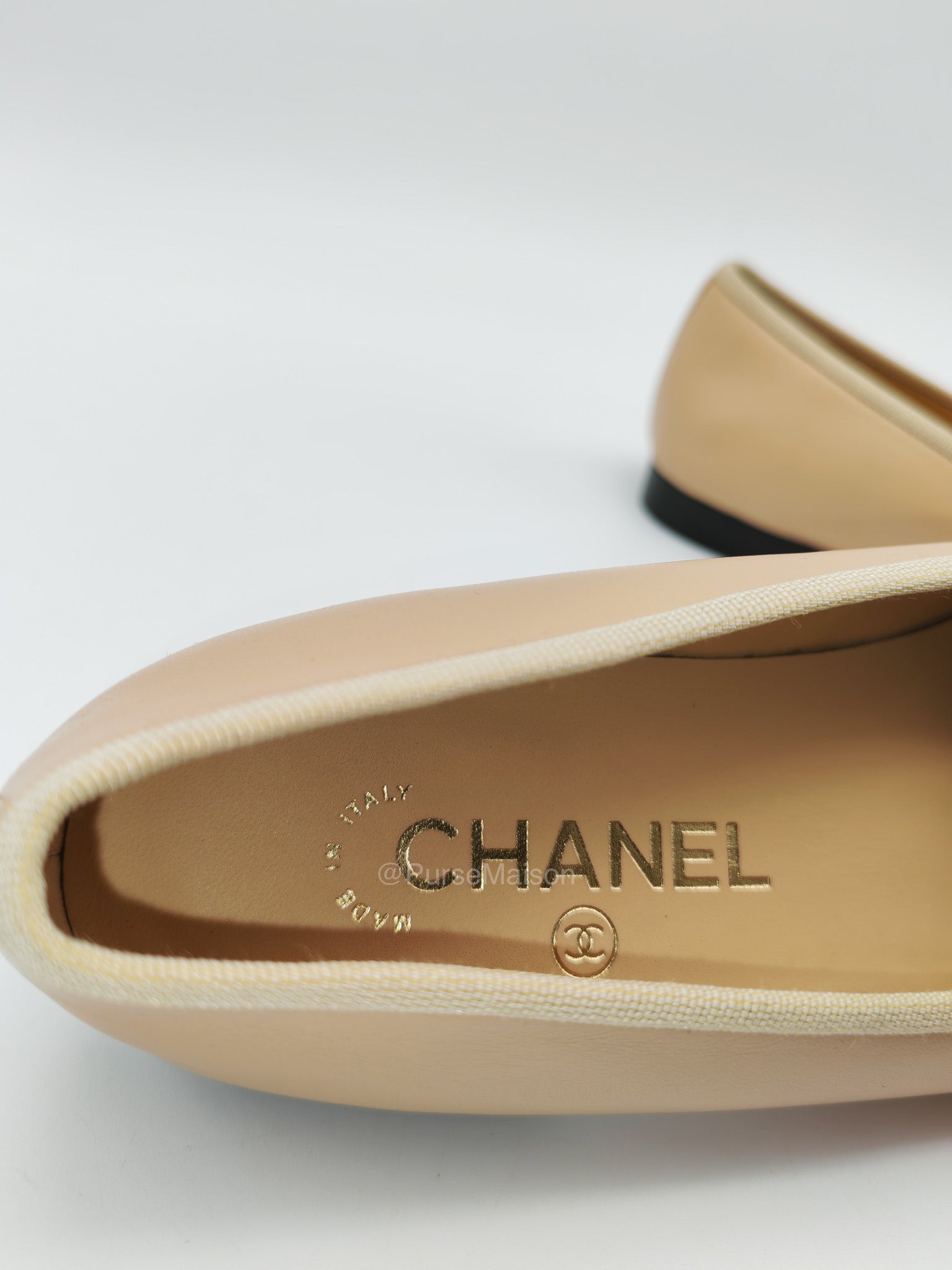 Chanel Ballerina Flats in Black Cap Toe and Beige Lambskin Body Size 37.5 Eu (24cm) | Purse Maison Luxury Bags Shop