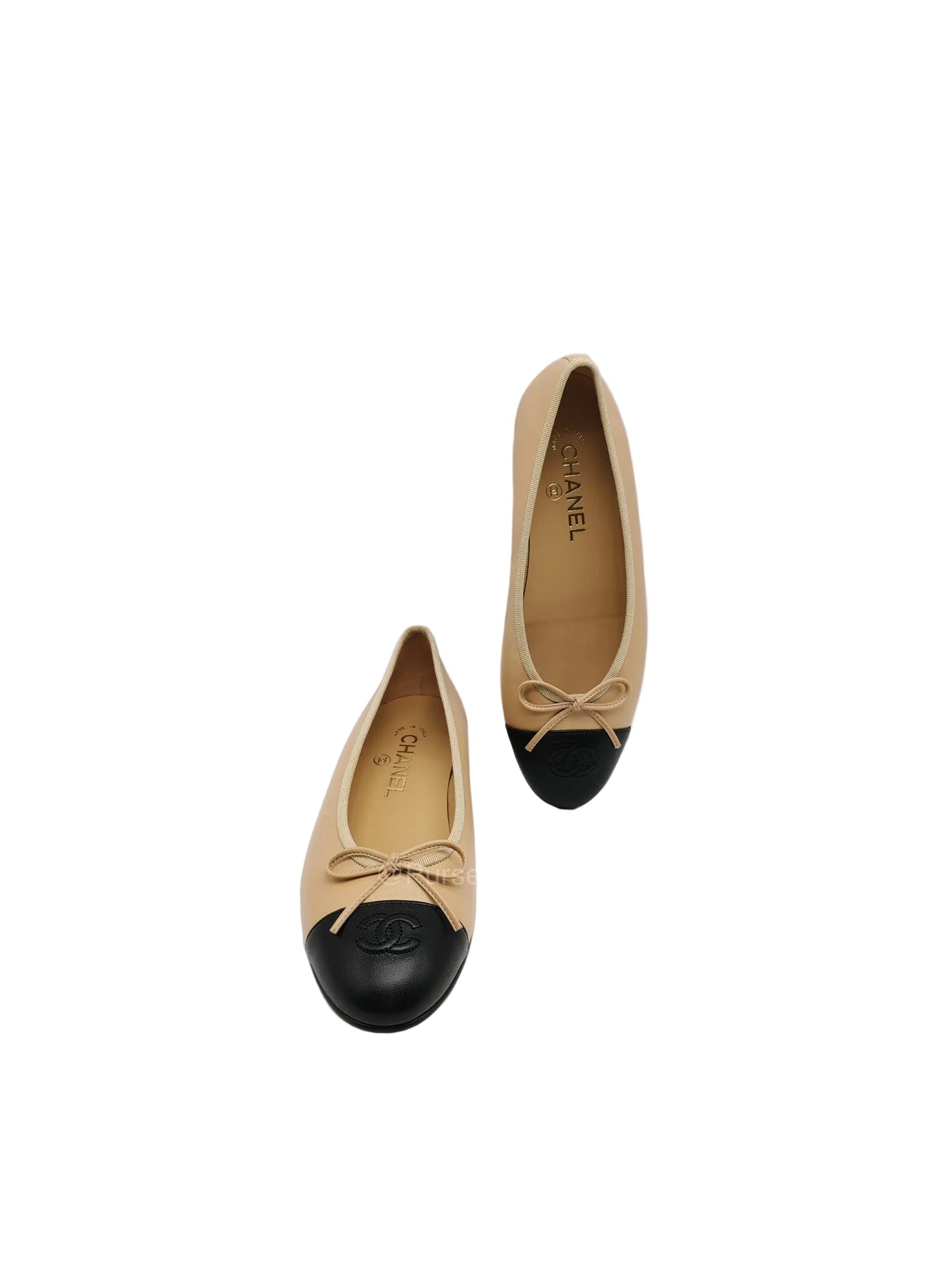 Chanel Ballerina Flats in Black Cap Toe and Beige Lambskin Body Size 37.5 Eu (24cm) | Purse Maison Luxury Bags Shop