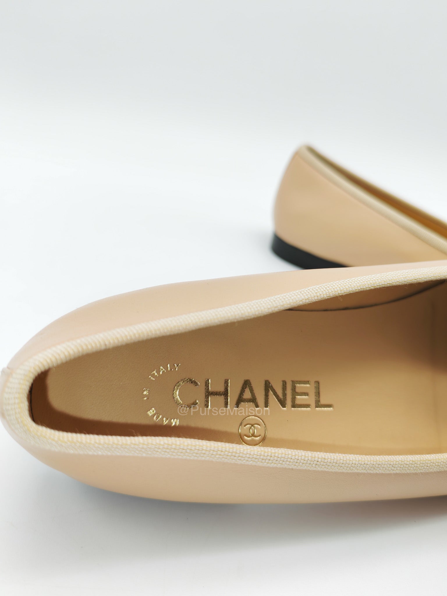 Chanel Ballerina Flats in Black Cap Toe and Beige Lambskin Body Size 37.5 Eu (24cm) | Purse Maison Luxury Bags Shop