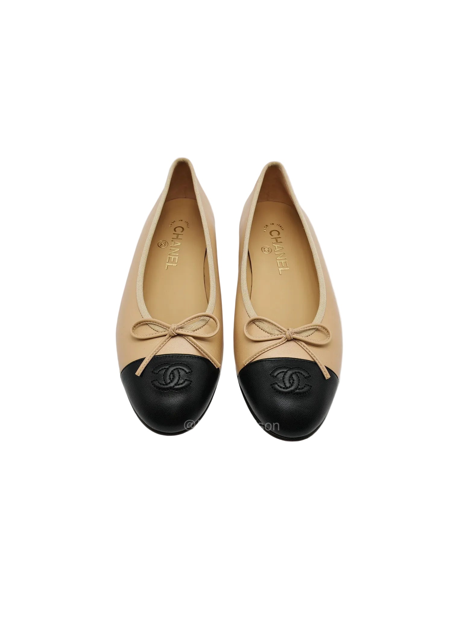Chanel Ballerina Flats in Black Cap Toe and Beige Lambskin Body Size 37.5 Eu (24cm) | Purse Maison Luxury Bags Shop