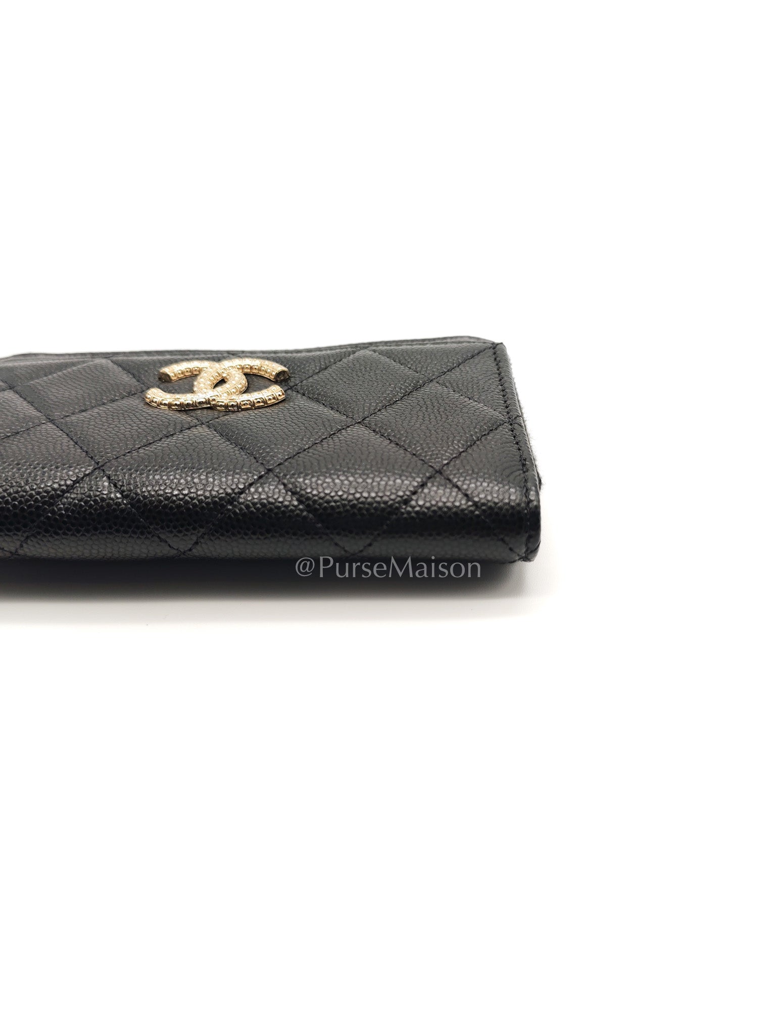 Chanel Big CC Zipped Card Holder in Black Caviar Leather and Light Gold Hardware (Microchip) | Purse Maison Luxury Bags Shop