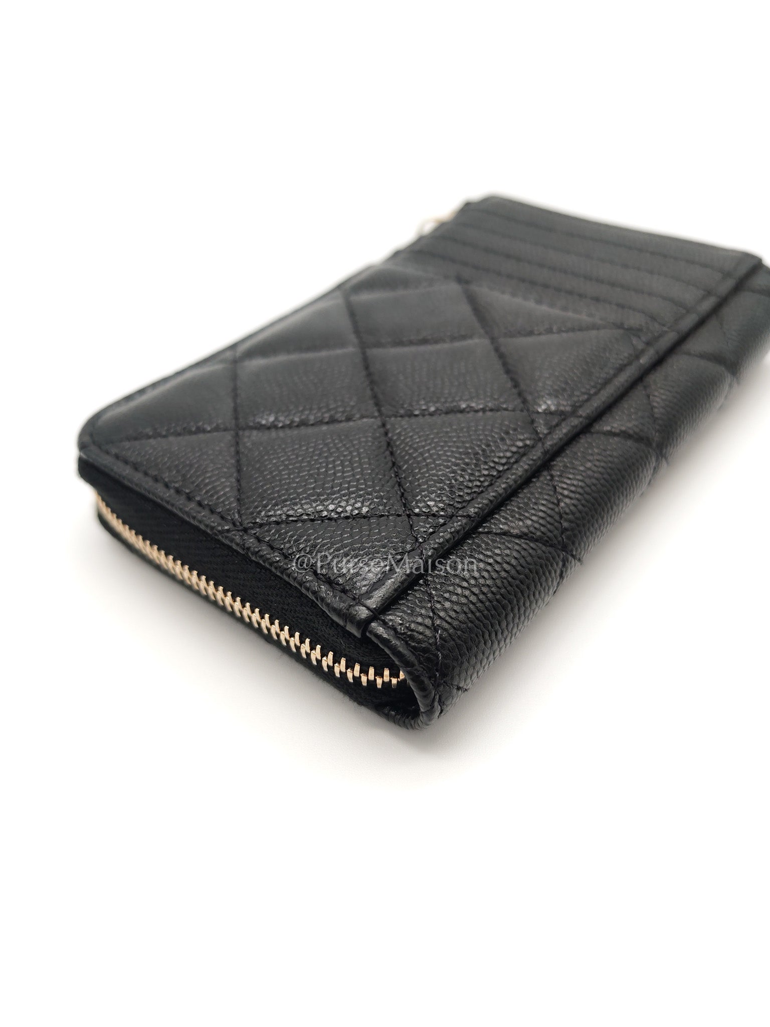 Chanel Big CC Zipped Card Holder in Black Caviar Leather and Light Gold Hardware (Microchip) | Purse Maison Luxury Bags Shop