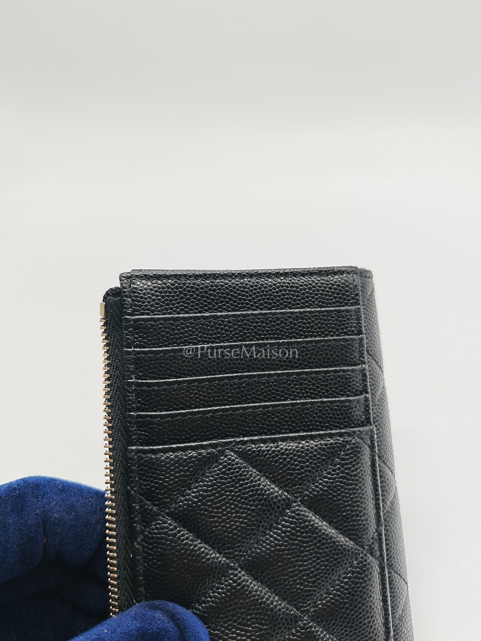Chanel Big CC Zipped Card Holder in Black Caviar Leather and Light Gold Hardware (Microchip) | Purse Maison Luxury Bags Shop