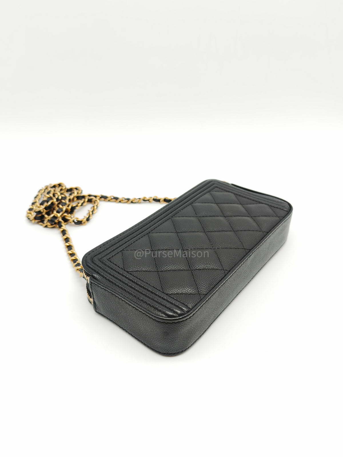 Chanel Boy Double Zip Clutch with Chain in Black Caviar Leather and Aged Gold Hardware Series 25 | Purse Maison Luxury Bags Shop